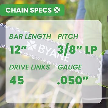 BYANE 12 Inch Chainsaw Chain 3/8 LP Pitch .050 Gauge 45 Drive Links
