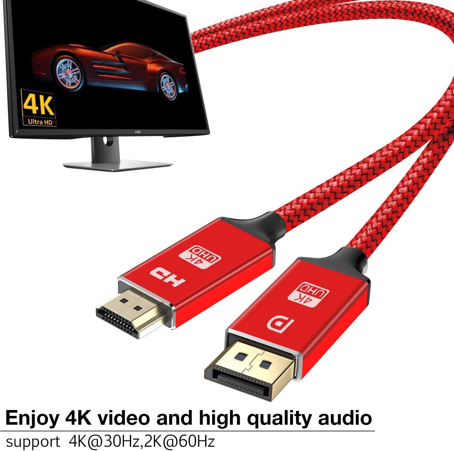 Capshi 4K DP to HDMI Cable 6 Feet, [UHD] Uni-Directional Nylon Braided Gold-Plated DisplayPort to HDMI Cord Display Port to HDMI Male Connector -RED