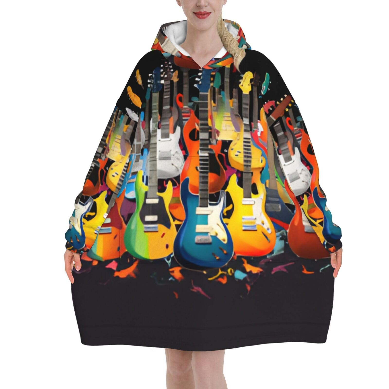 Guitars - Women'S Blanket Hoodie - Super Soft, Oversized Wearable Hoodies For Adults, Warm Flannel Hooded Sweatshirt With Big Kangaroo Pocket