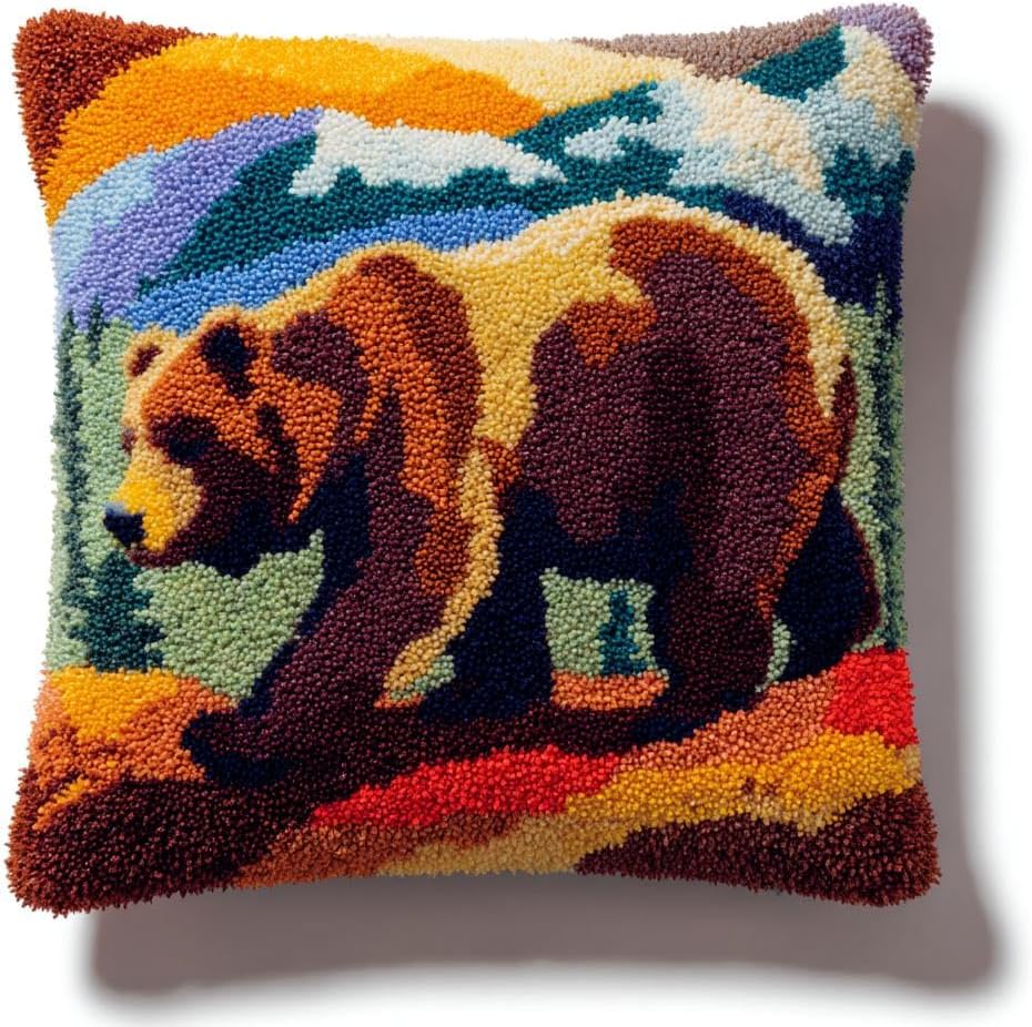DIY Latch Hook Pillow Kit Grizzly Bear Log-Flipping Ant Hun 43x43cm-4 | DIY Handmade Yarn Hooking Crochet Pillowcase with Pattern Easy for Beginners Hook and Latch Craft Kit Cushion for Home Decor