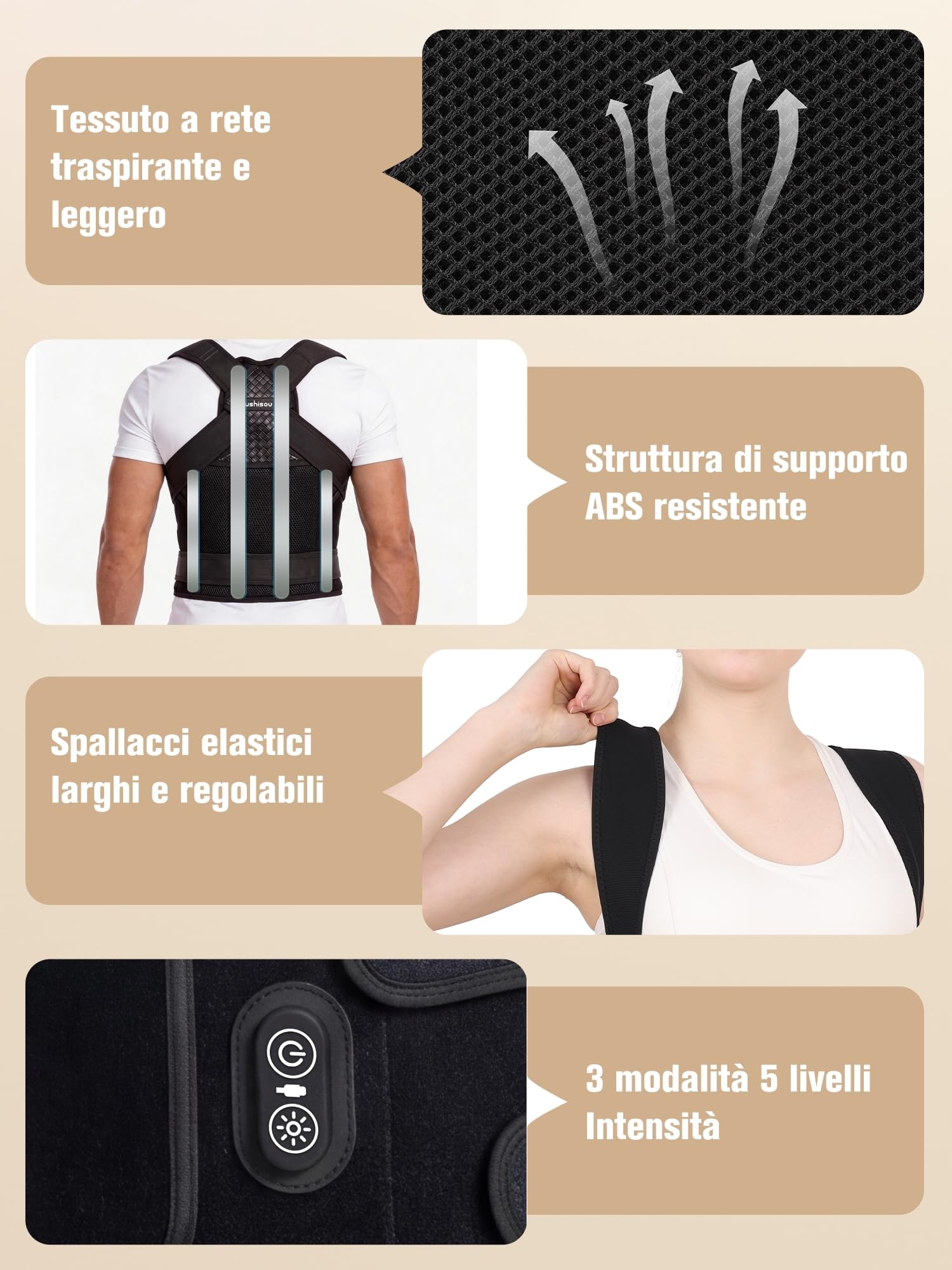 Fascia Posturale Spalle Schiena Uomo Donna - Correttore Posturale Elastico Regolabile con Funzione Luce Rossa LED e Supporto Lombare - Busto Traspirante per Raddrizza Schiena, Migliora la Postura (L)