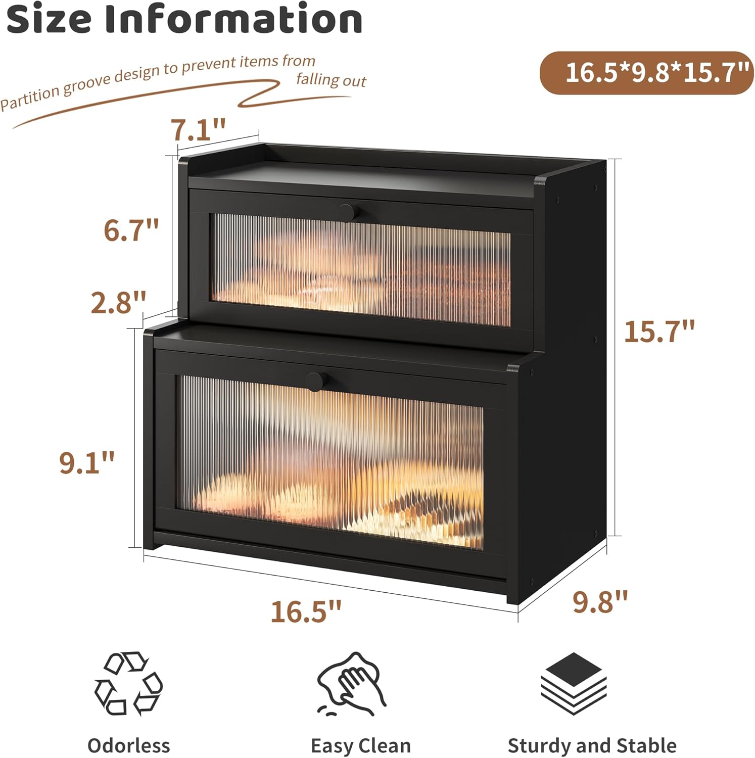 FILWH Bread Box for Kitchen Countertop Double Layer Large Corner Bread Box Capacity Bread Storage Bin Farmhouse Breadbox Container Organizer Cabinet Cupboard Black