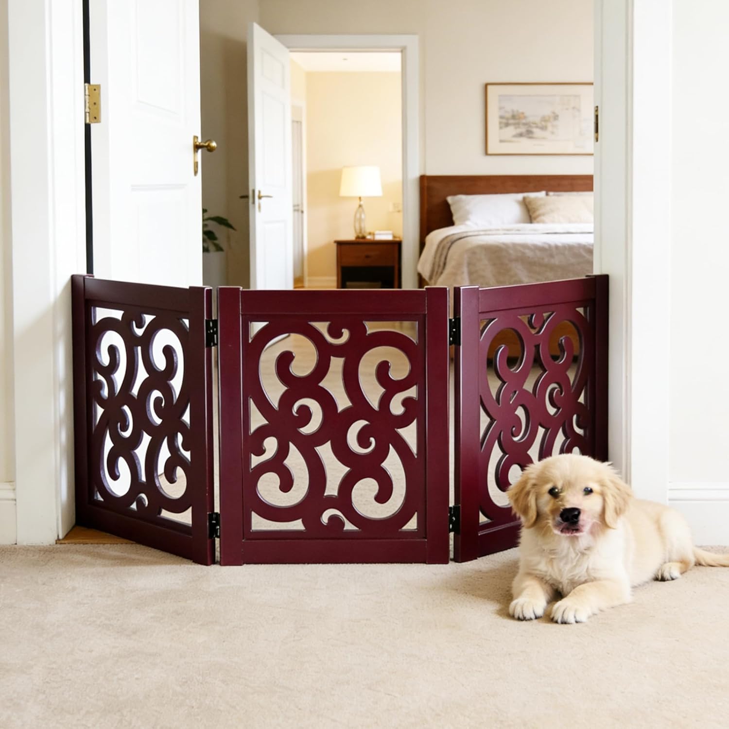 Ashfield & Harkness: 3-Panel Pet Gate - Scroll Mahogany - Wooden Foldable Freestanding Fence, Small Dogs & Puppy, 48 x 19.3, Doorway-Halls-Stairs
