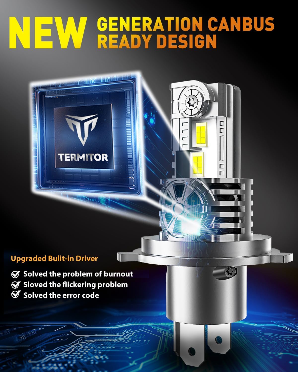 Termitor Latest H4/9003/HB2 Bulb for Motorcycle Hi/Low Beam, 25,000LM 800% Super Brighter, 1:1 Halogen Size, 6500K Cool White, 70000Hrs Long Service Life with Cooling Fan, Plug and Play, Pack of 1