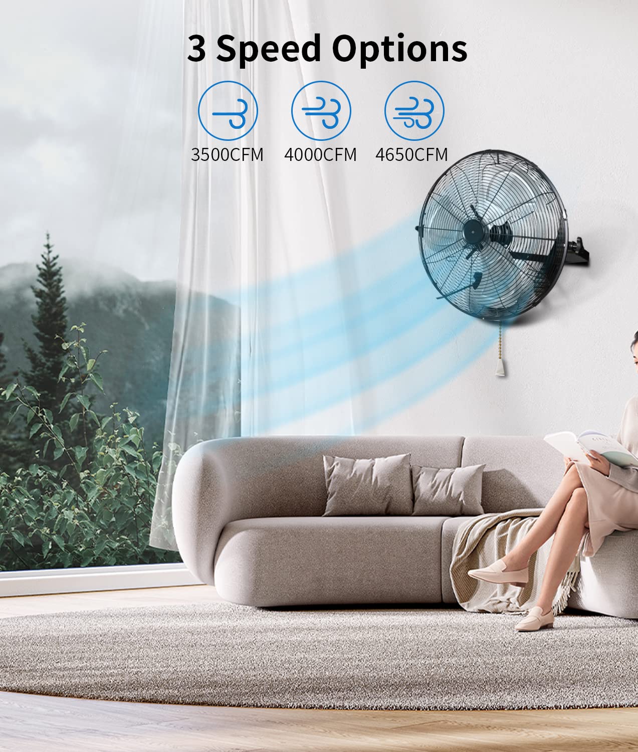 Ventilador de pared de alta velocidad de 20 pulgadas, ventilador industrial con ventilación comercial de 3 velocidades, fácil operación e inclinación de 270 grados, ventilador de metal para 4