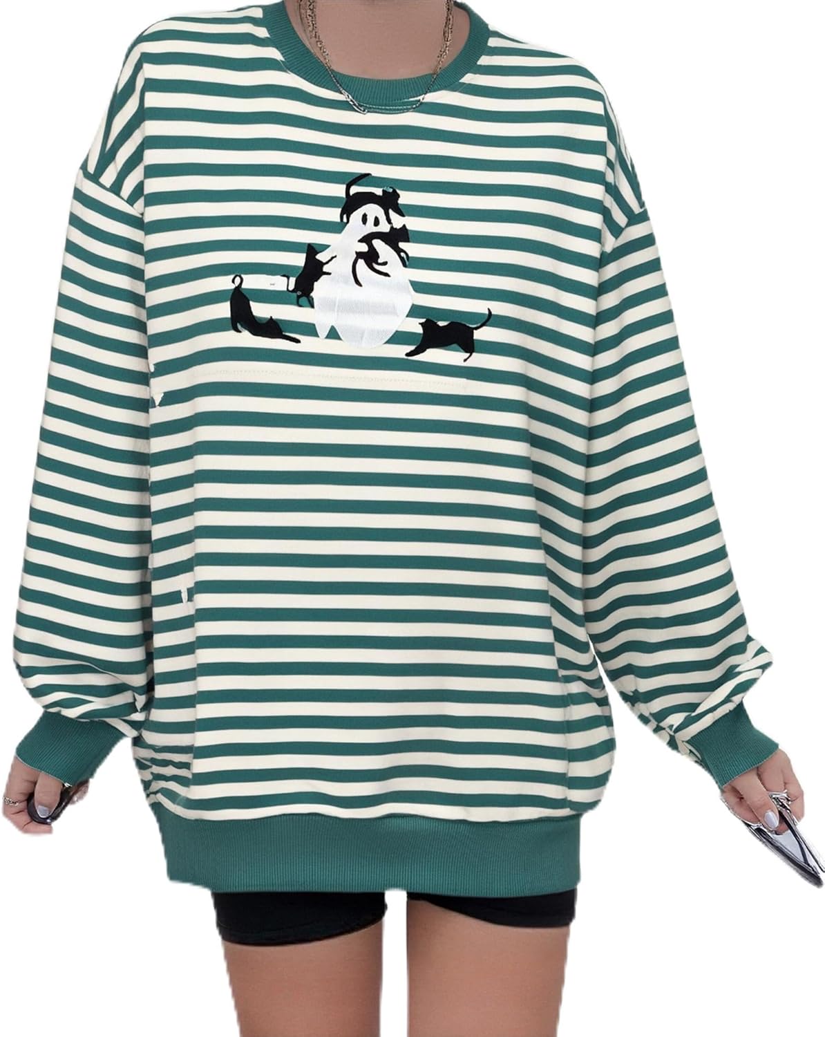 Halloween Spooky Season Sweatshirt Women: Oversized Black Cat Ghost Sweatshirts Fall Embroidered Pullover Top
