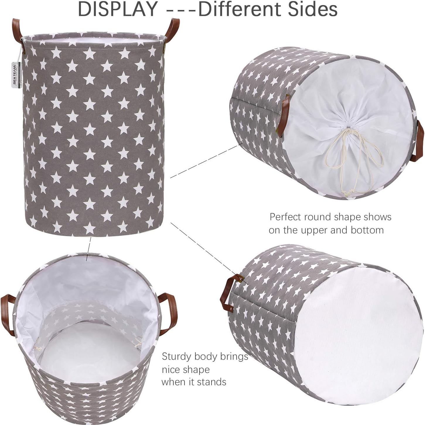 Sea Team Star Pattern Laundry Hamper Canvas Fabric Laundry Basket Collapsible Storage Bin with PU Leather Handles and Drawstring Closure, 19.7 by 15.7 inches, Waterproof Inner, Grey