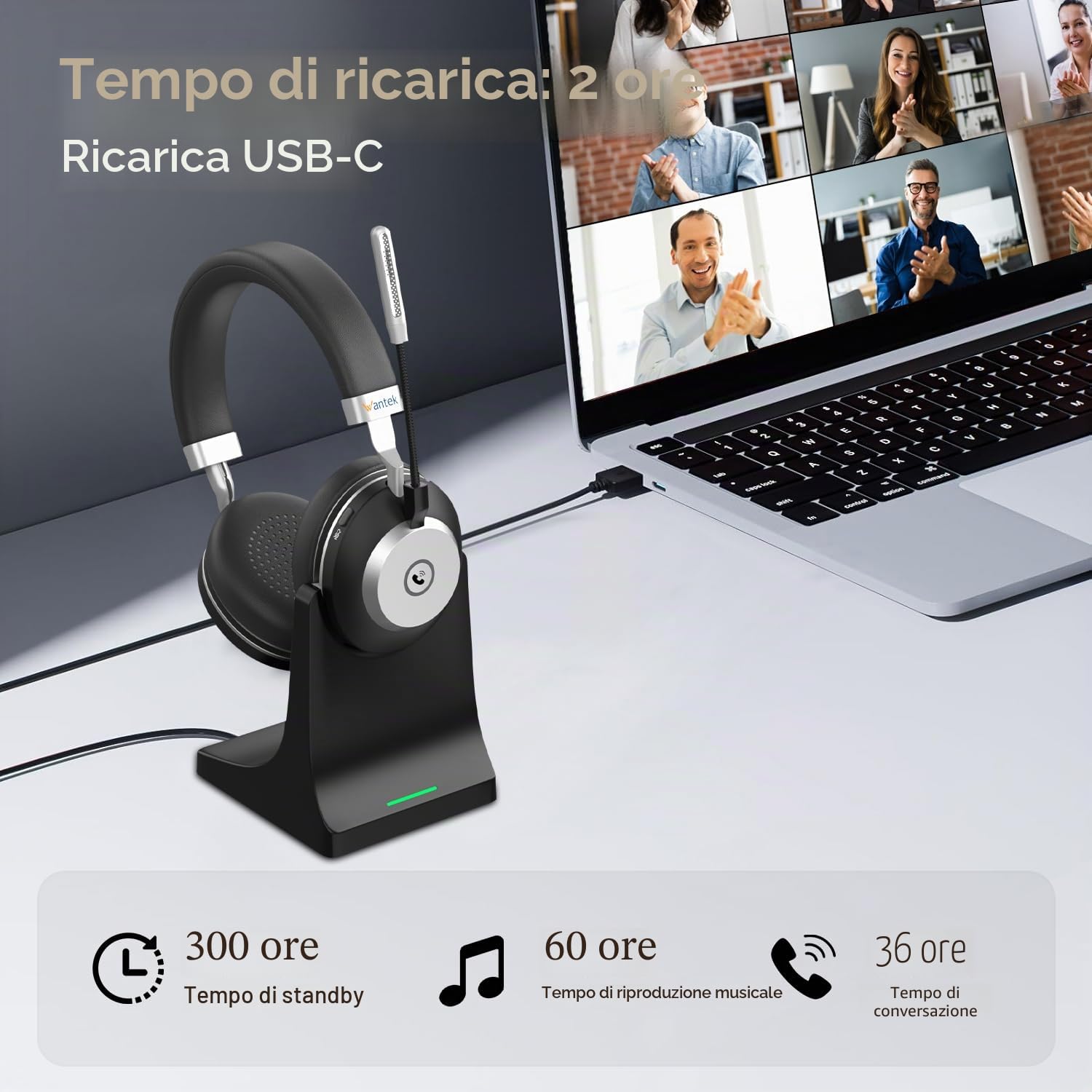 Wantek ‌Cuffia Business Noise Cancelling Attivo & Ricarica Wireless - Doppia Modalità BT5.3/2.4GHz, 45h Autonomia, Driver 40mm 116dB + IPX4 per PC/PS5/Smartworking