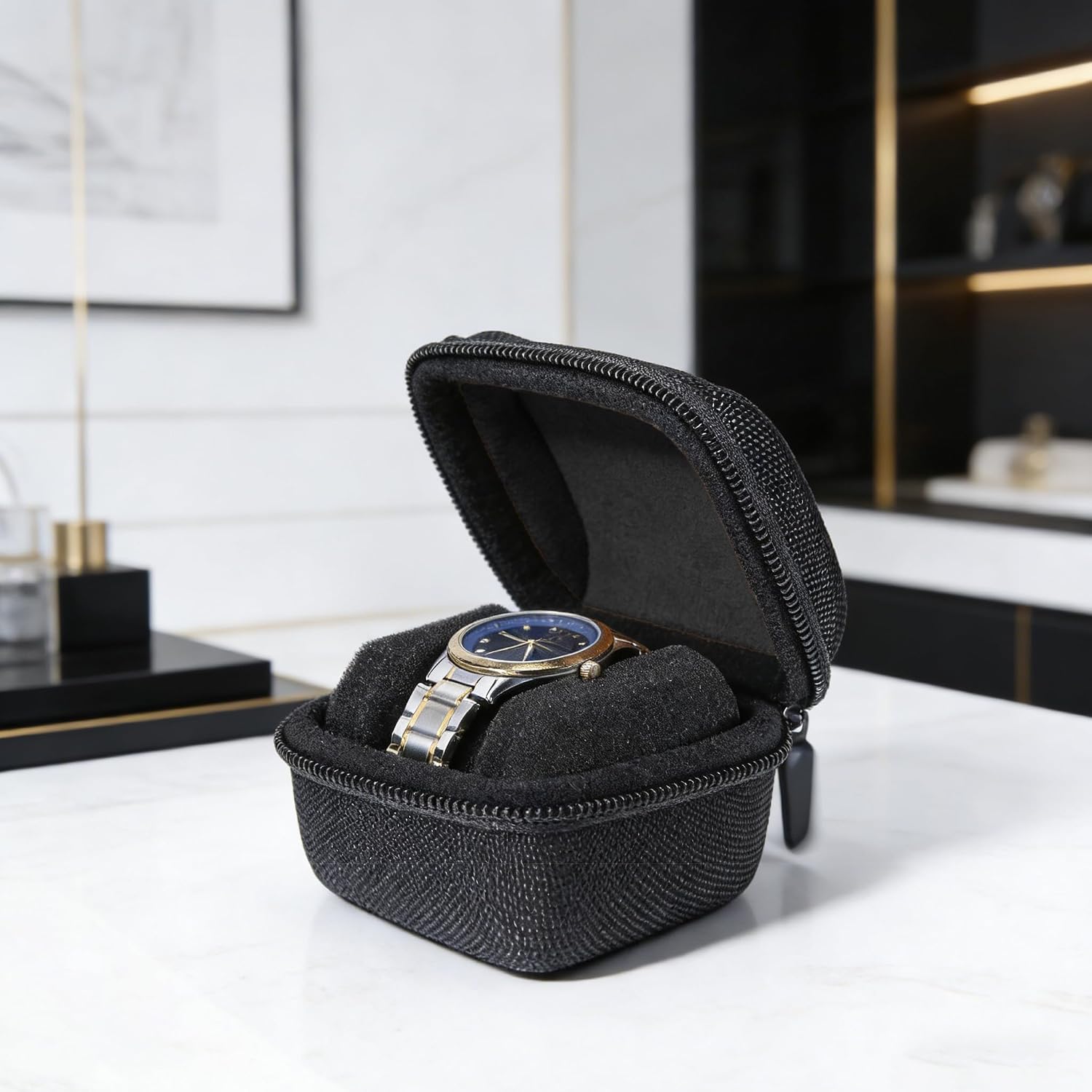Watch Travel Case for Men and Women Portable Watch Box Organizer Zipper Single Watch Storage Roll with Soft Watch Pillow (Black, 1slot) image 3
