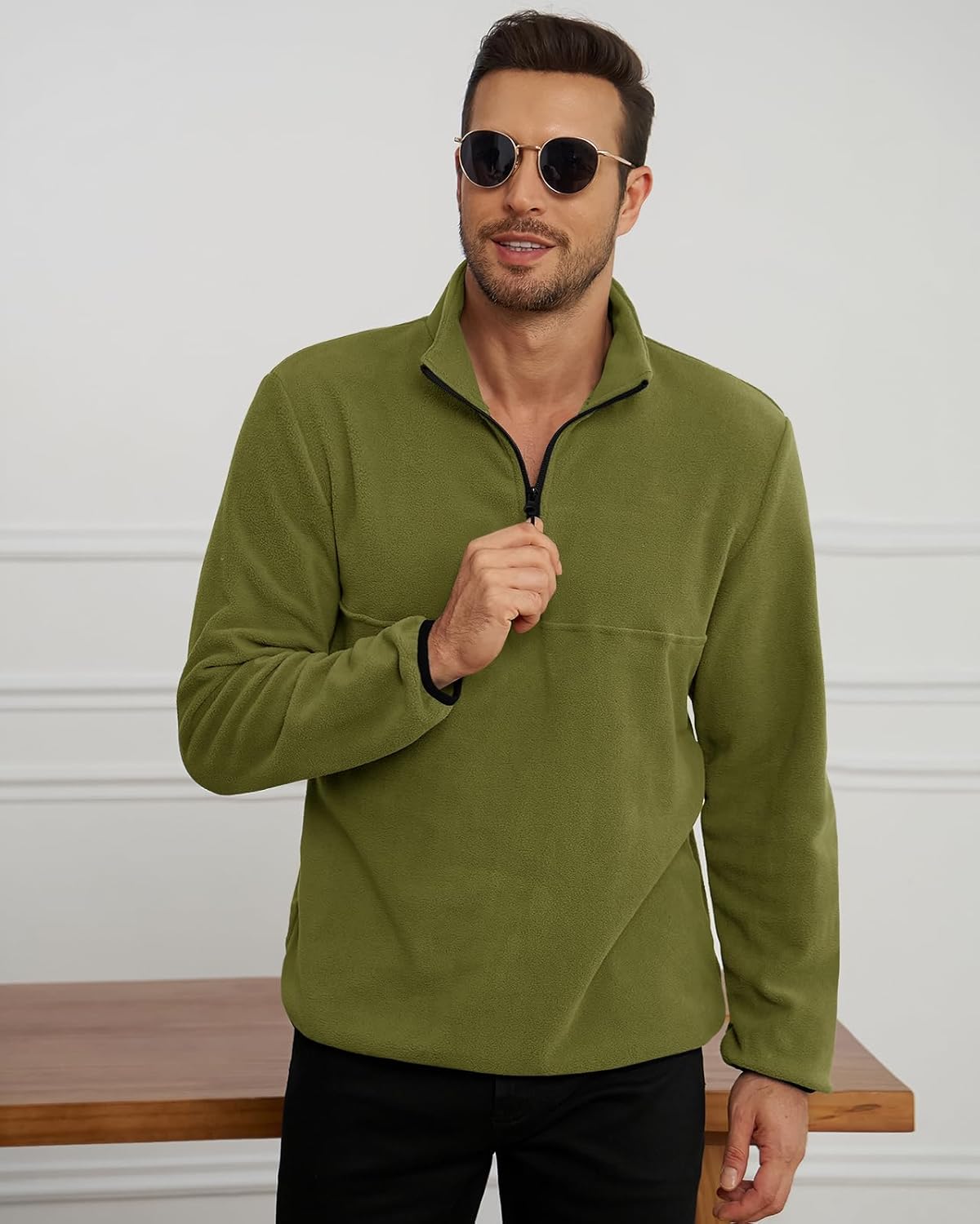 Runcati Mens Fuzzy Fleece Sweatshirt Quarter Zip Pullover Long Sleeve Winter Fall Outdoor Warm Outerwear - Image 2