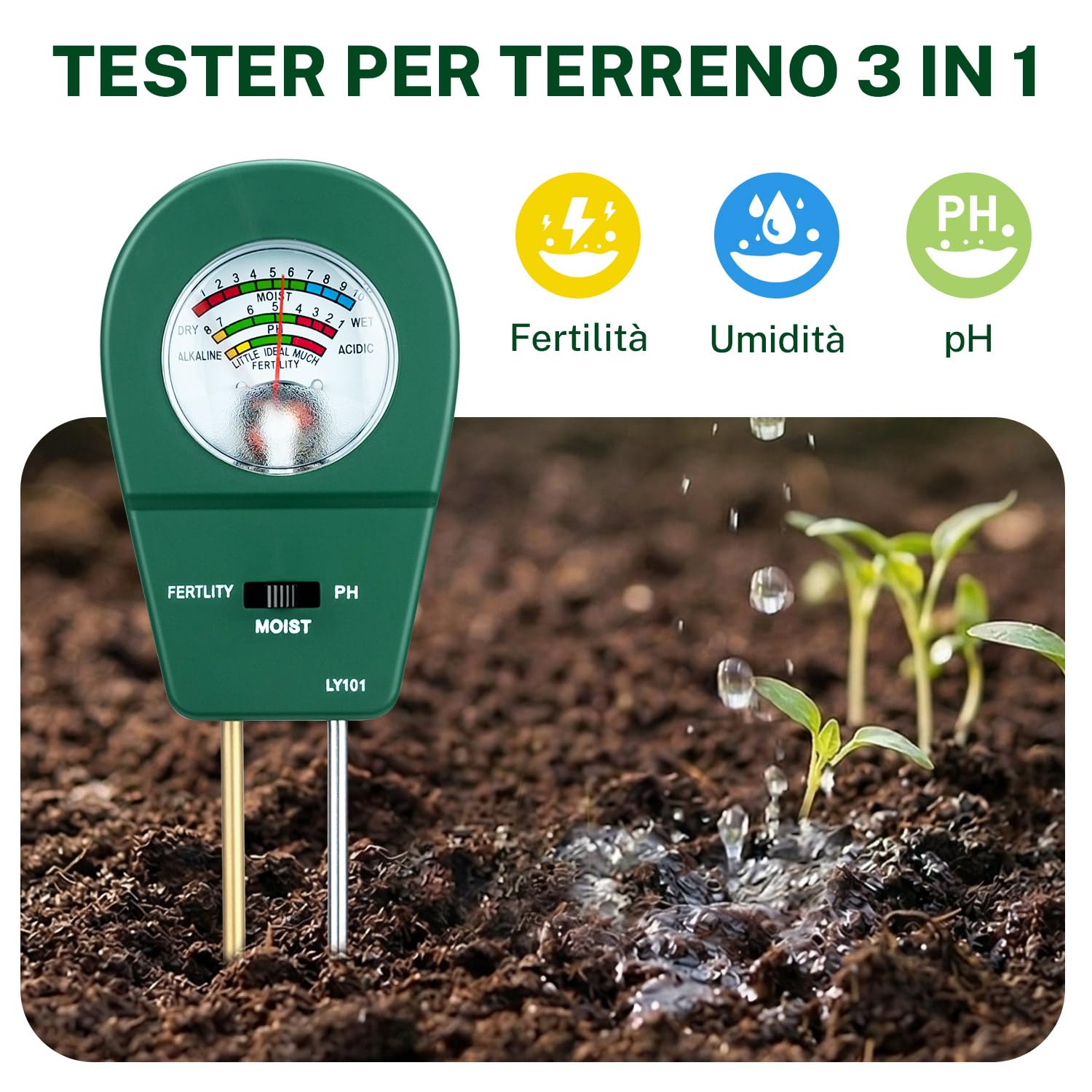 Misuratore di Terreno 3 in 1 per Casa e Giardino: Tester Semplice per PH, umidità e Nutrimento - Sensore per Piante Senza Batterie - Pratico Aiuto per Fiori, Vasi e Orto Domestico