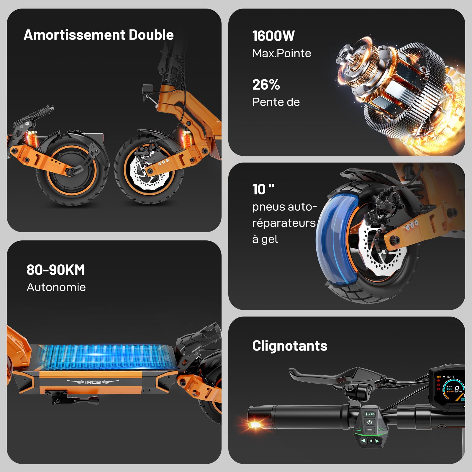 RCB D7/D7 Pro (Ultra) Trottinette Électrique Adulte,NFC/Clignotants/APP, Pente 26%, Moteur 500W Pic 1600W, Autonomie 80-130KM, Batterie 20.8-27Ah, Pneus Gel Auto-Réparants 10 Pouces