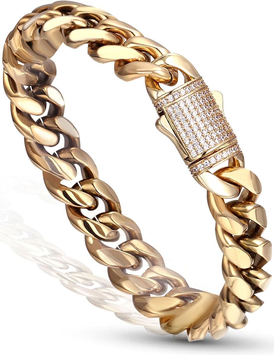 Pulsera de eslabones cubanos de Miami de 12 mm, chapada en oro real de 14 quilates, joyería de hip hop de acero inoxidable de primera calidad hipoalergénica para hombres y mujeres, regalo de cumpleaños para el día del padre (sin decoloración, cierre helado de doble cara)