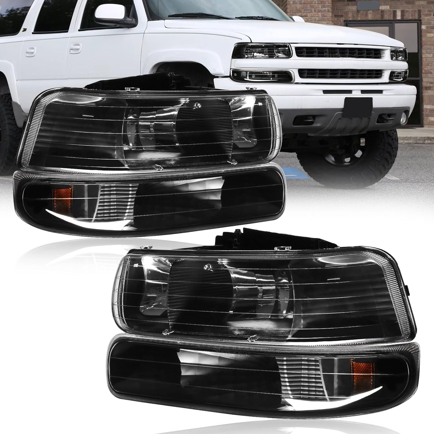 Headlights Assembly fit 1999-2002 Chevy Silverado 1500 2500 1500HD 2500HD 3500HD / 2000-2006 Tahoe Suburban 1500 2500 Headlamp Amber Reflector Black Housing