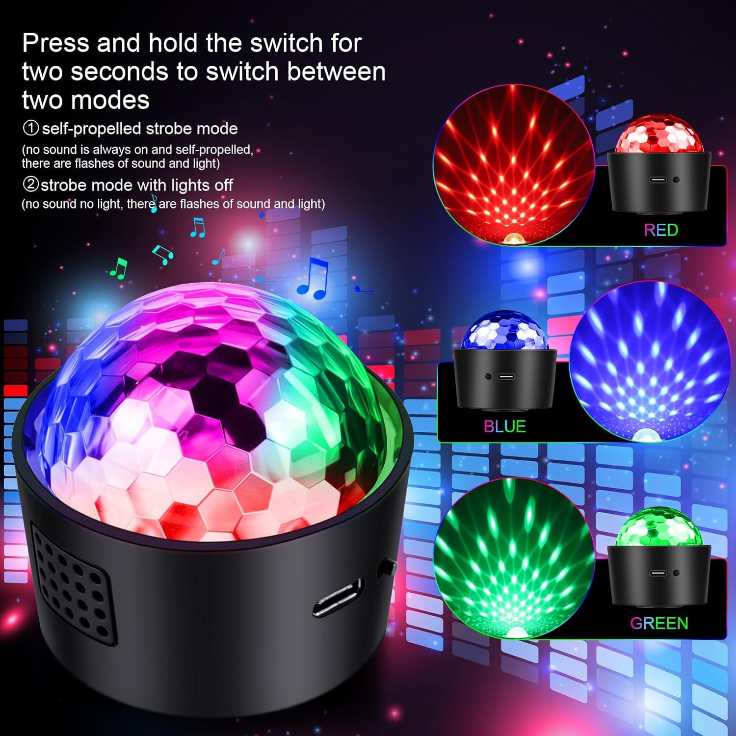 Mini Disco Ball Light,Rechargeable Party Lights,Sound Activated Strobe DJ Light,Portable Battery Operated,Night Lights Projector for Kids,Halloween,Disco Decoration for Car/Parties