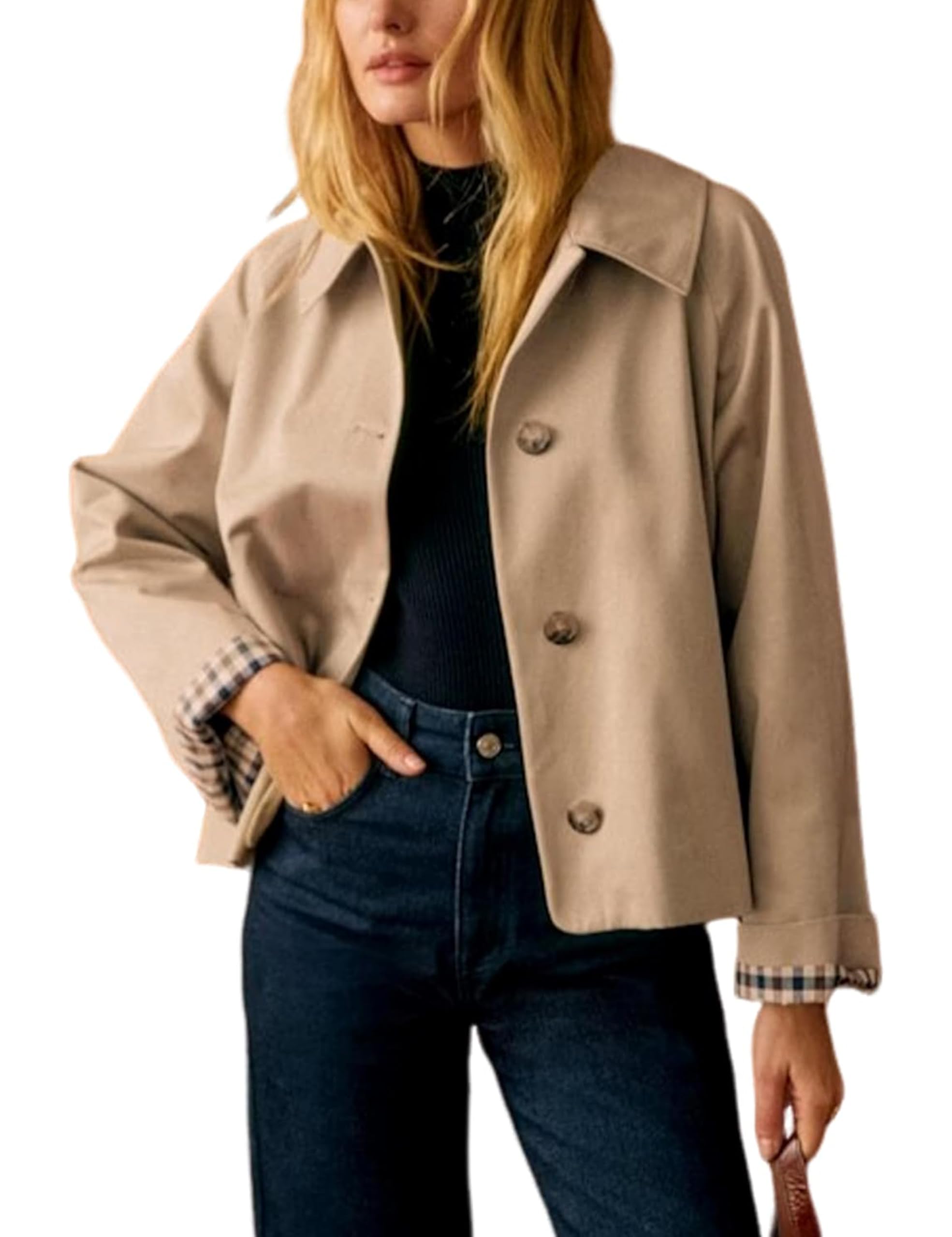 Womens Short Plaid Trench Coat Lapel Button Down Jacket with Pocket