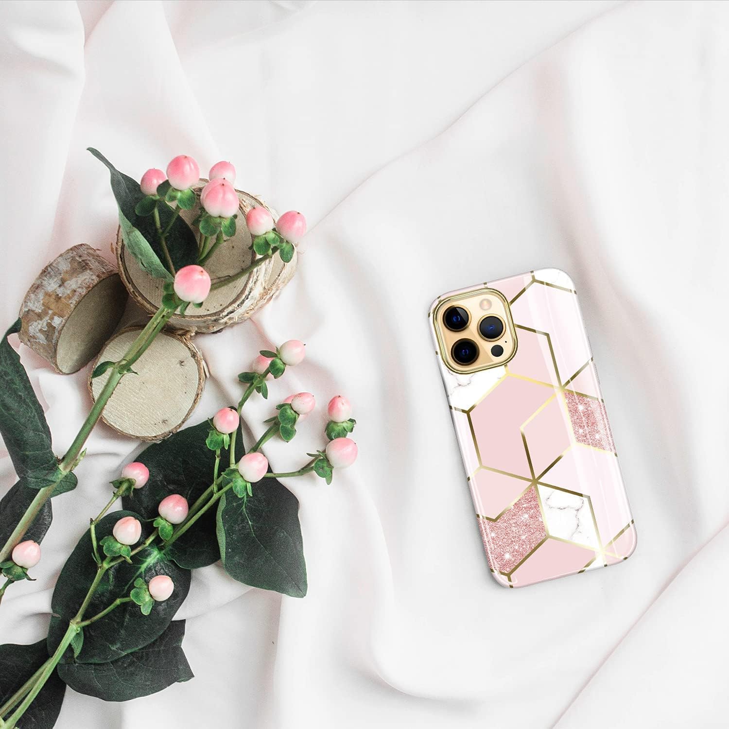 LANYOS Compatible with iPhone 13 Pro (6.1 inch) Case, Ultra-Thin Gold Sparkle Glitter Marble Pattern Soft & Flexible Silicone Shockproof TPU Bumper Protective Cover (Hexagon Pink)