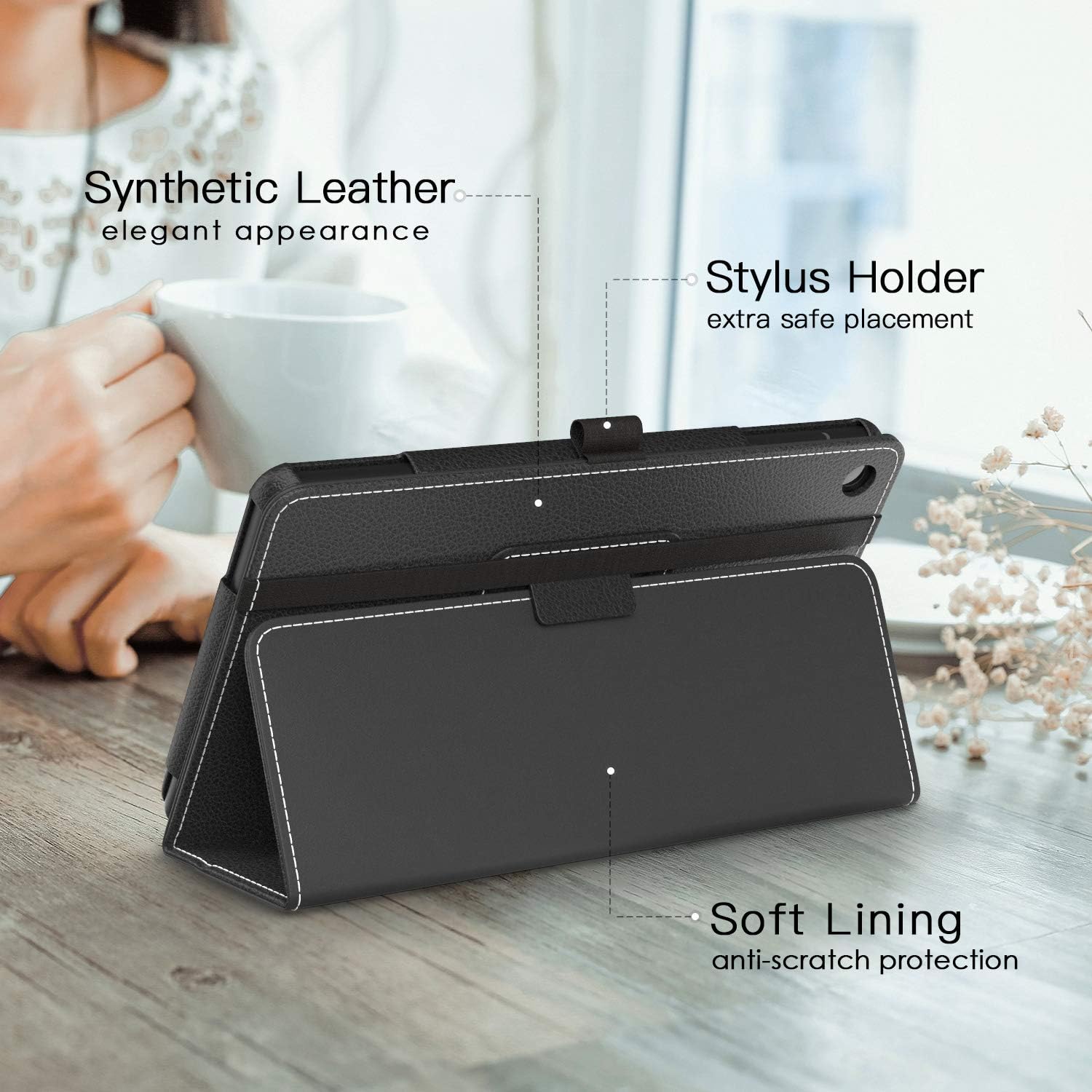 Dadanism Folio Case Fits All-New Amazon Kindle Fire 7 Tablet (9th Generation, 2019 Release only), Premium PU Leather Lightweight Slim Shockproof Smart Stand Cover with Auto Wake/Sleep - Black
