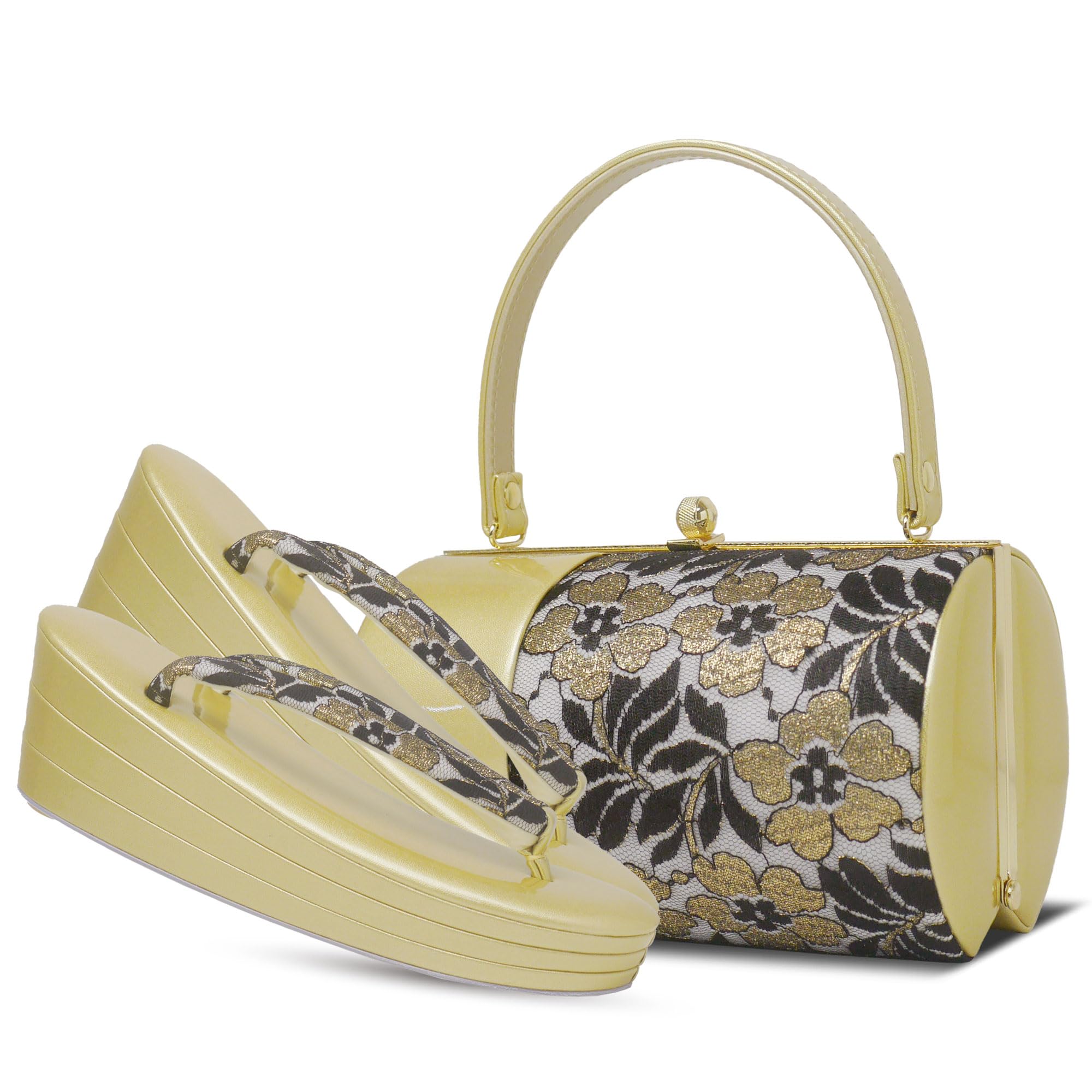 新品未使用　草履バッグセット　厚底　3枚芯 黒ゴールド　フリーサイズ　振袖 振袖 草履 バッグ 成人式「黒×金」Fサイズ レディース 振袖用