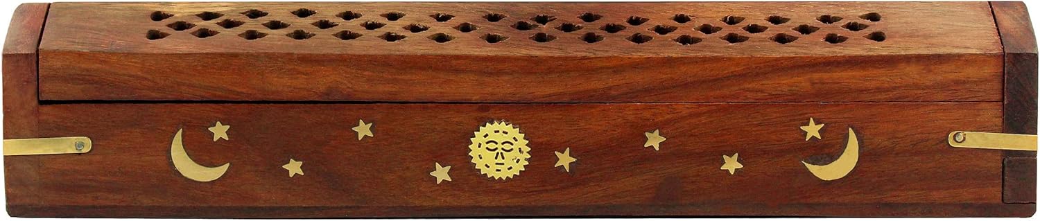 Handmade Sheesham Wood Incense Burner Coffin Style Sun Moon Brass Inlay Holder - COTTONCRAFT Ash Catcher Stick Cone Storage Zen Gift 12x2x2
