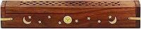 Handmade Sheesham Wood Incense Burner Coffin Style Sun Moon Brass Inlay Holder - COTTONCRAFT Ash Catcher Stick Cone Storage Zen Gift 12x2x2