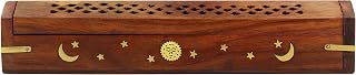 Handmade Sheesham Wood Incense Burner Coffin Style Sun Moon Brass Inlay Holder - COTTONCRAFT Ash Catcher Stick Cone Storage Zen Gift 12x2x2