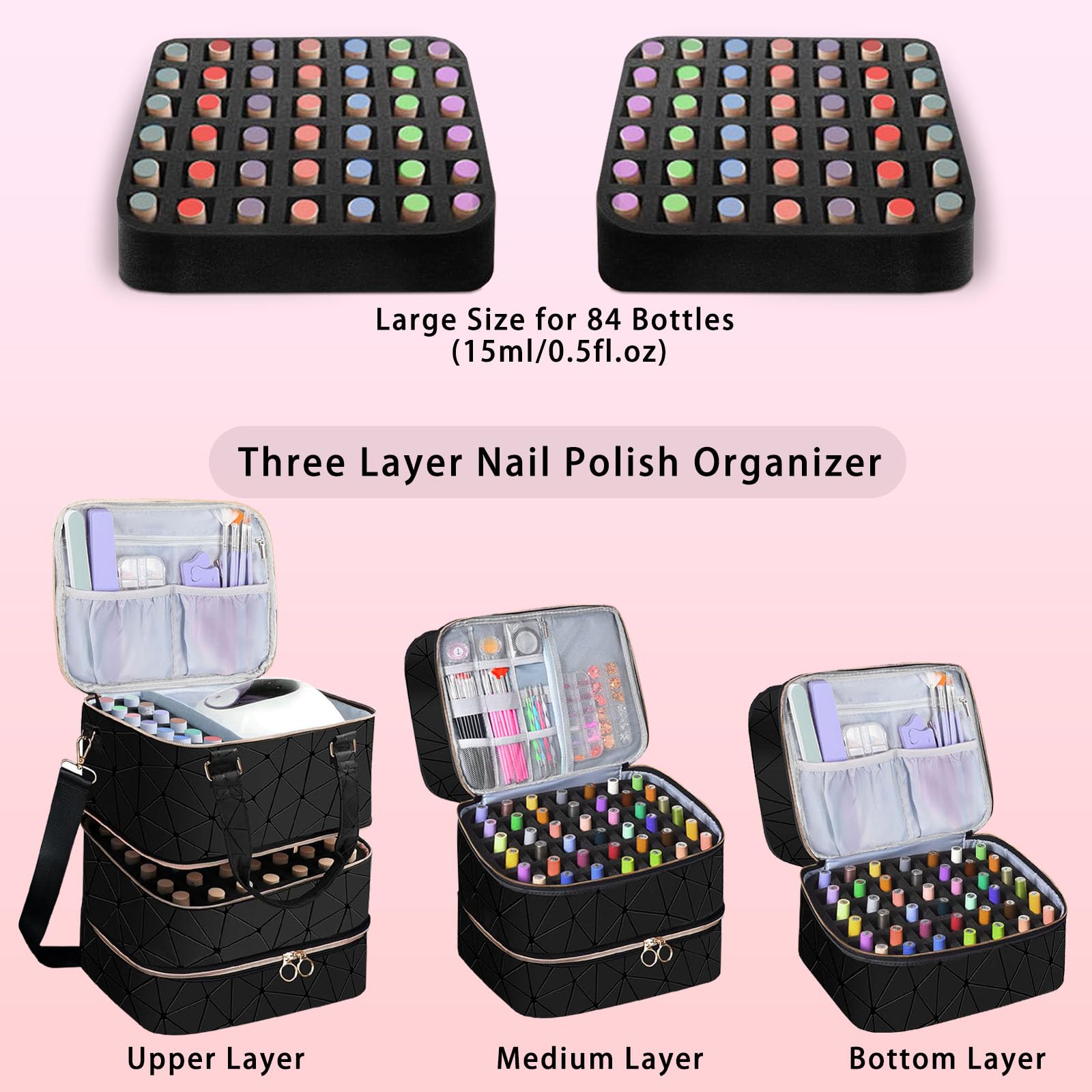Organizer professionale per smalti, contiene 84 flaconi (15 ml), strumenti per manicure e lampada UV, borsa a tracolla rimovibile a 3 strati in pelle PU per unghie, grande borsa a tracolla (nero)