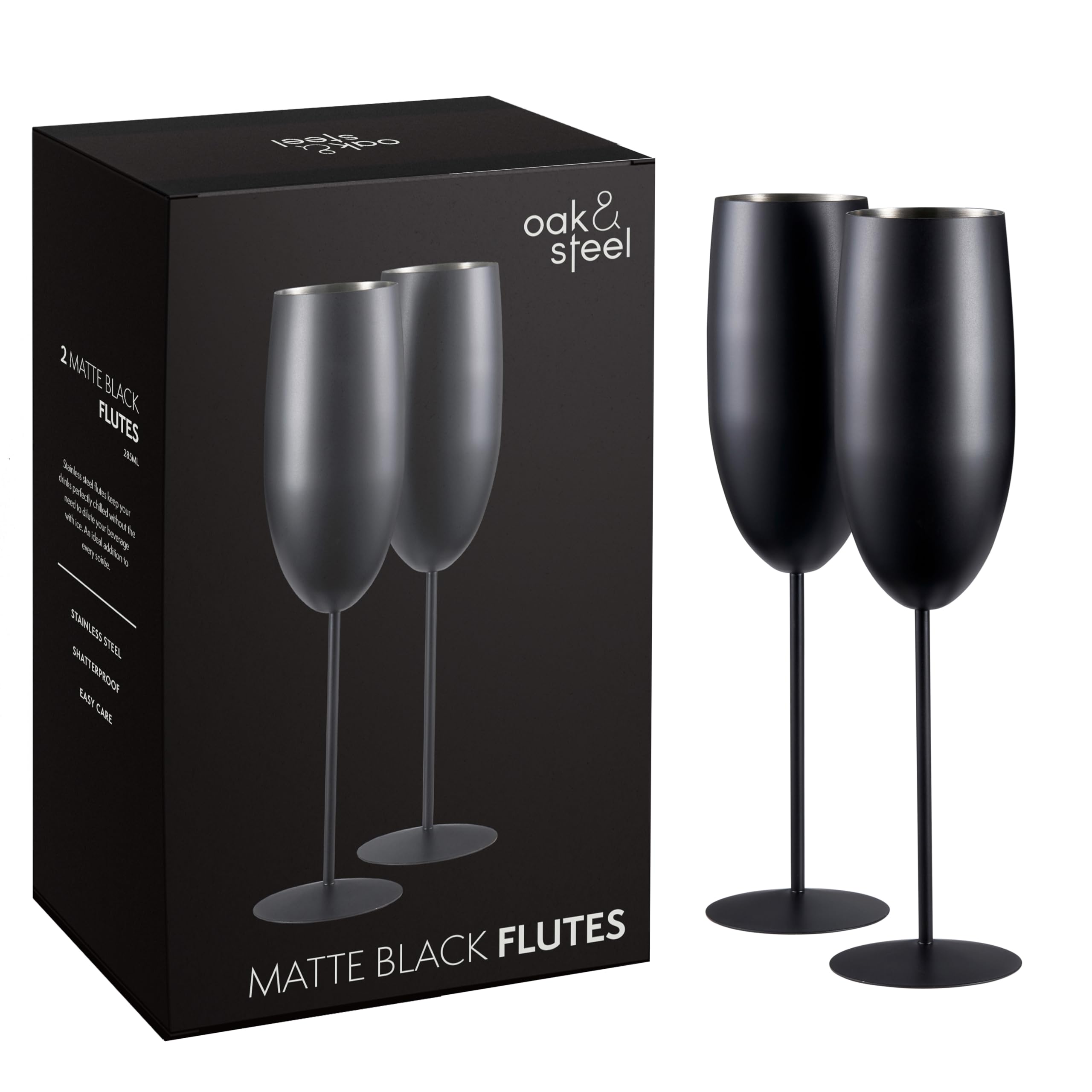 Oak & Steel - 2 Black Matte Champagne Flutes, 280ml - Stainless Steel Black Matte Prosecco Glasses with Gift Box