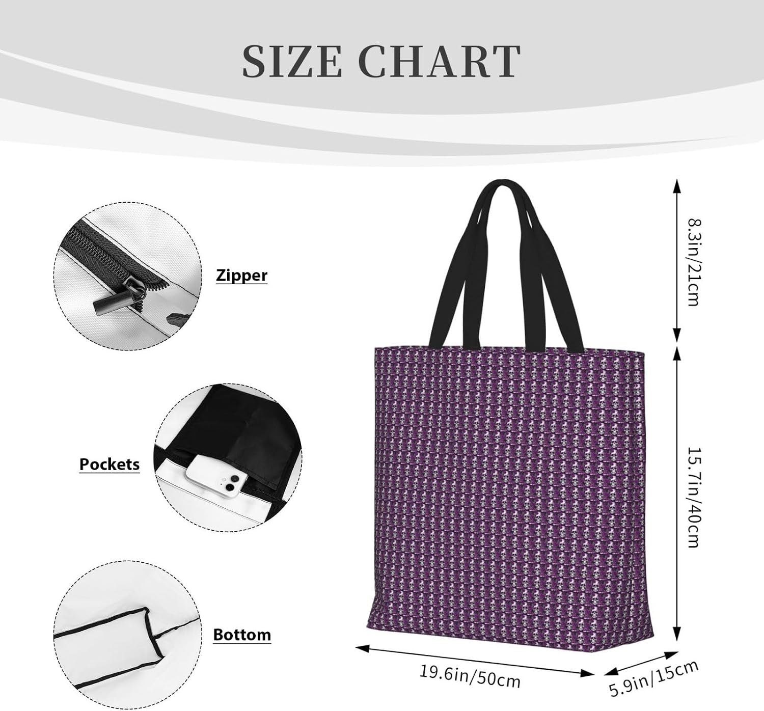 Purple Rose Skeleton Print Eco-Friendly Tote Lightweight Grocery Bag Daily Commuting Travel Beach Gym Use