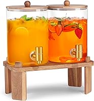 FavorFlavor 2-Pack 1 Gallon Glass Beverage Dispensers with Wood Stand & Leak-Proof Stainless Spigot - Ideal for Parties, Lemonade, Juice, Tea