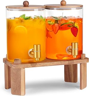 2-Pack 1 Gallon Glass Beverage Dispensers with Wood Stand & Stainless Steel Spigot - Ideal for Parties, Lemonade, Juice, Tea