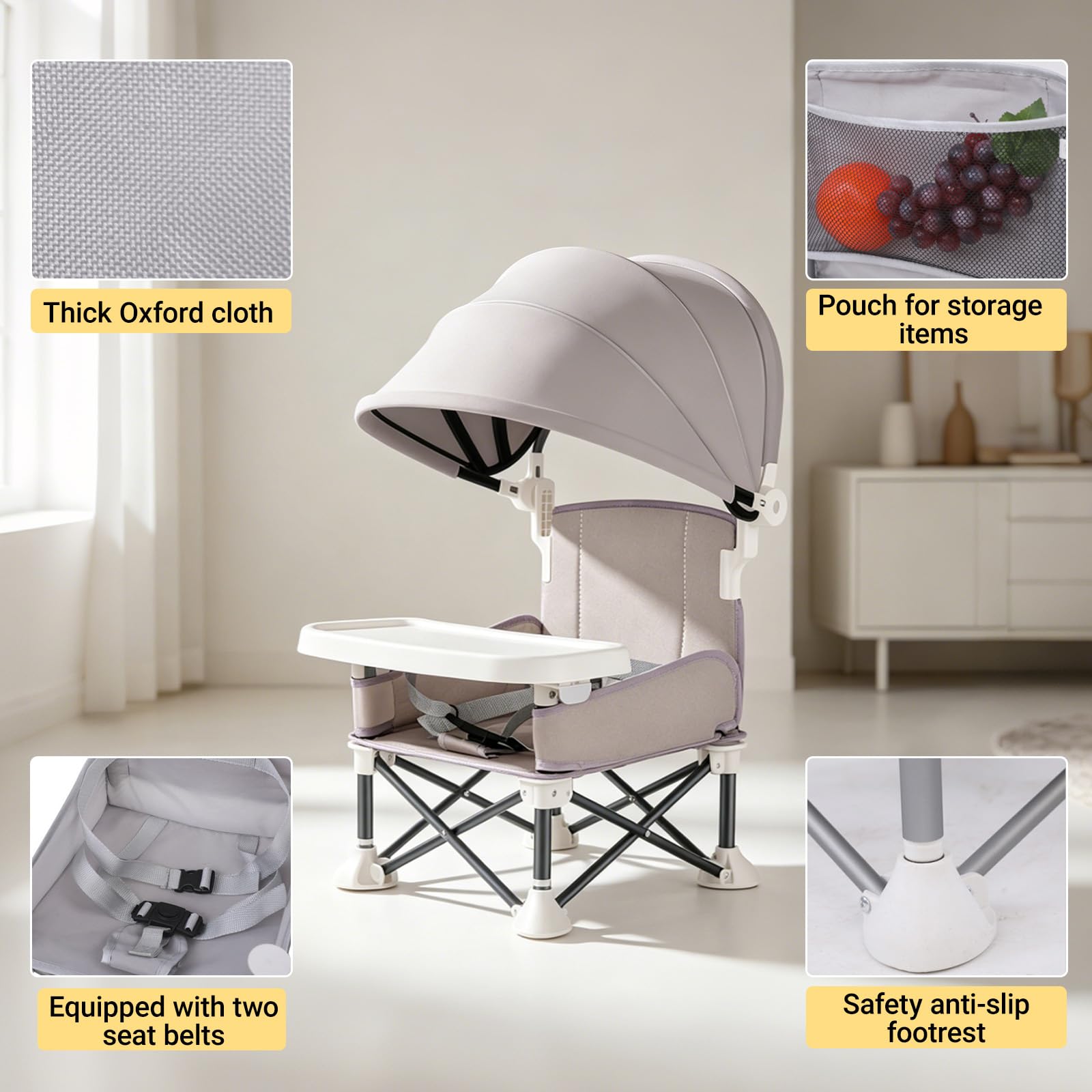 Baby Campingstuhl, Tragbarer, zusammenklappbarer Kinderhochstuhl, für drinnen und draußen geeignet, Kinderklappstuhl mit abnehmbarem Tablett, 6 Monate - 6 Jahre (Grau)