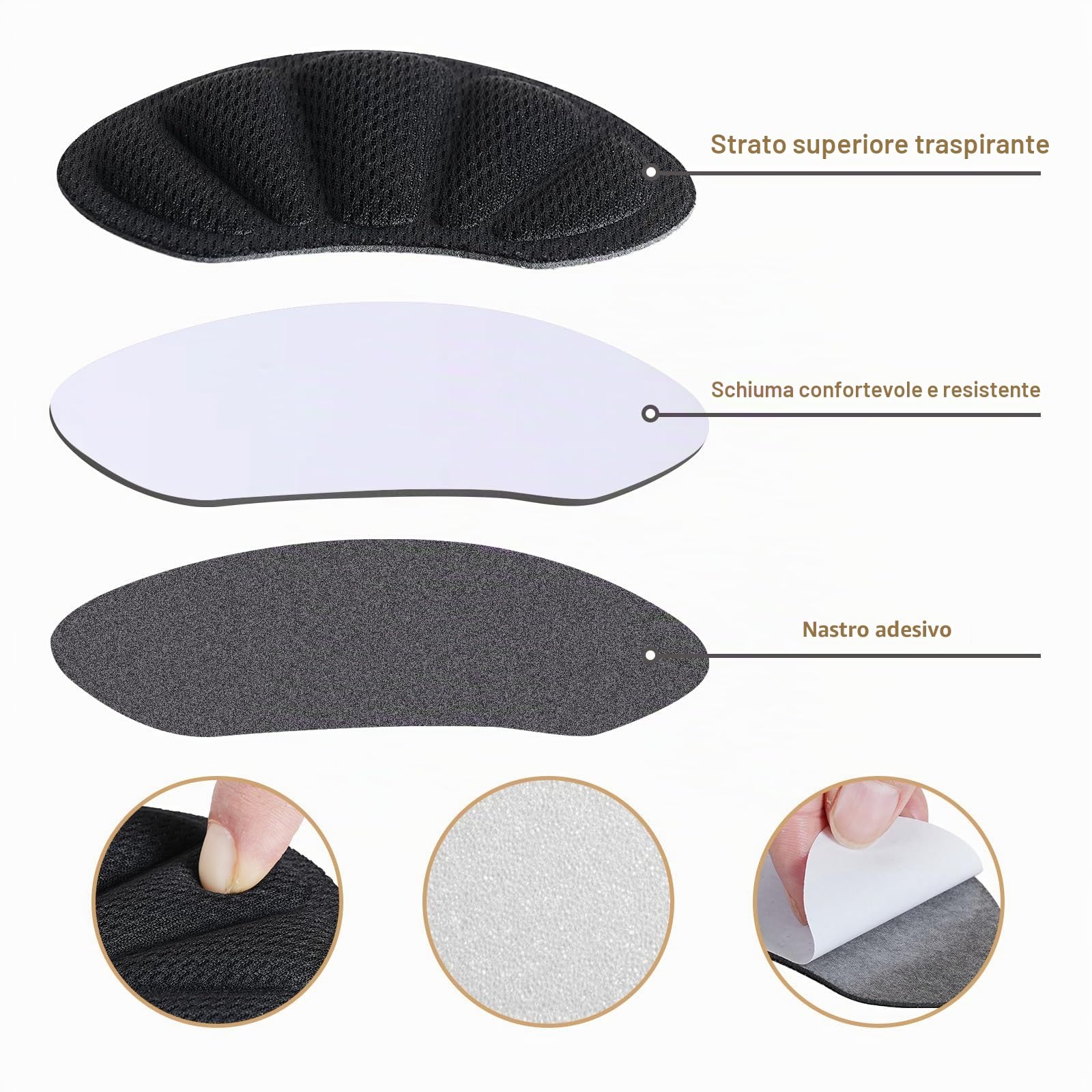 3 PAIA cuscinetti salva tallone per scarpe, proteggi tallone autoadesivo e antiscivolo, solette, inserti morbidi per prevenzione sfregamenti e un confort ottimale (nero)