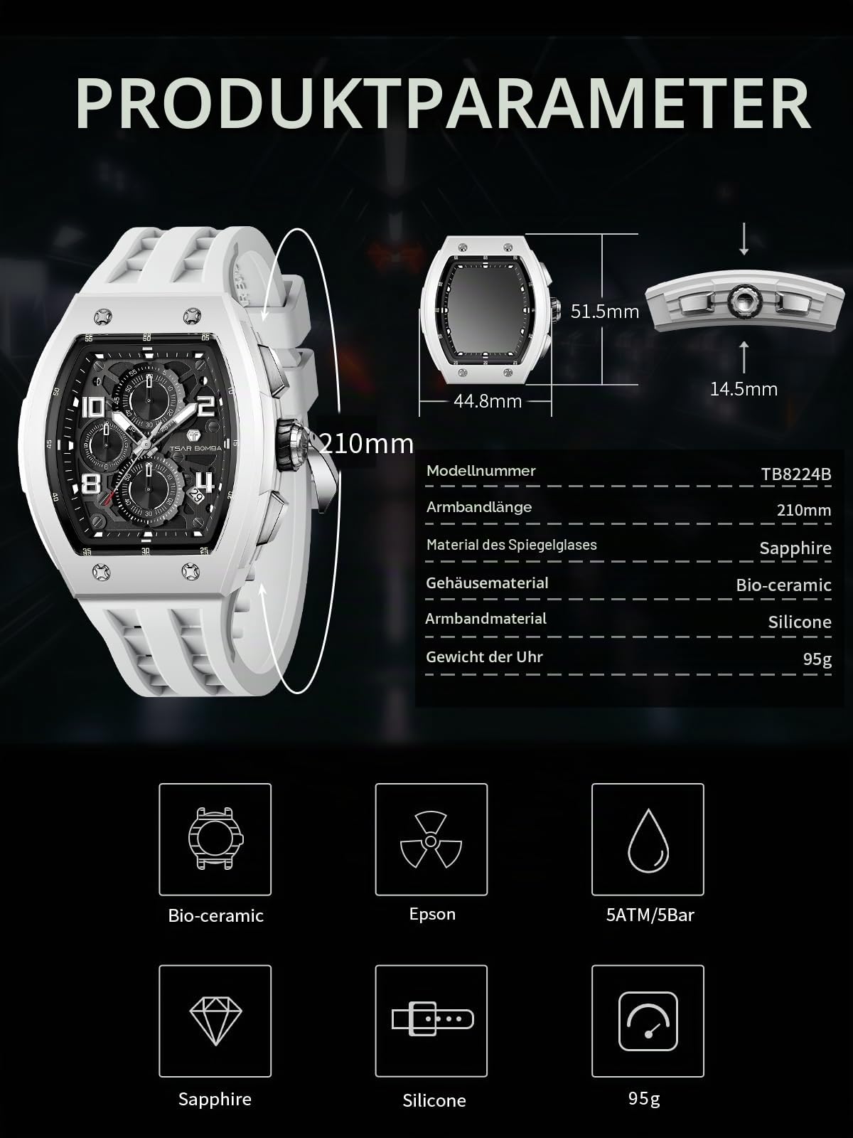 TSAR BOMBA Herrenuhr Armbanduhren für Herren wasserdichte Herren Uhren Schwarzes Armband Silbernes Edelstahlgehäuse Saphirglas Chronograph Datum Japanisches Quarzwerk Geschenke Luxus 8224/8204 Serie