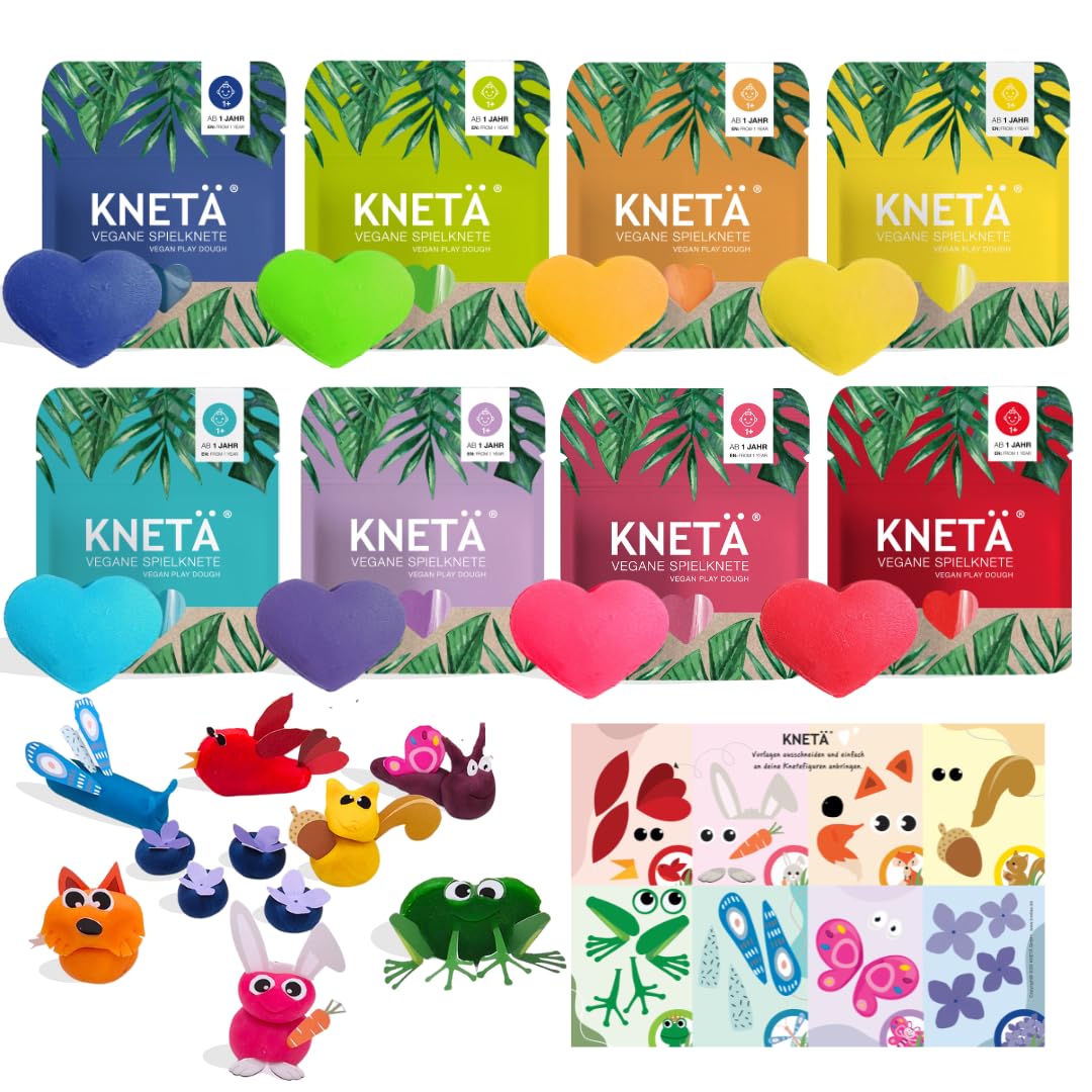 KNETÄ Knete ab 1 Jahr I Party Set I 8X vegane Kinderknete inkl. 1 Bastelkarte Tiermotive I Playdough I Kindergeburtstag