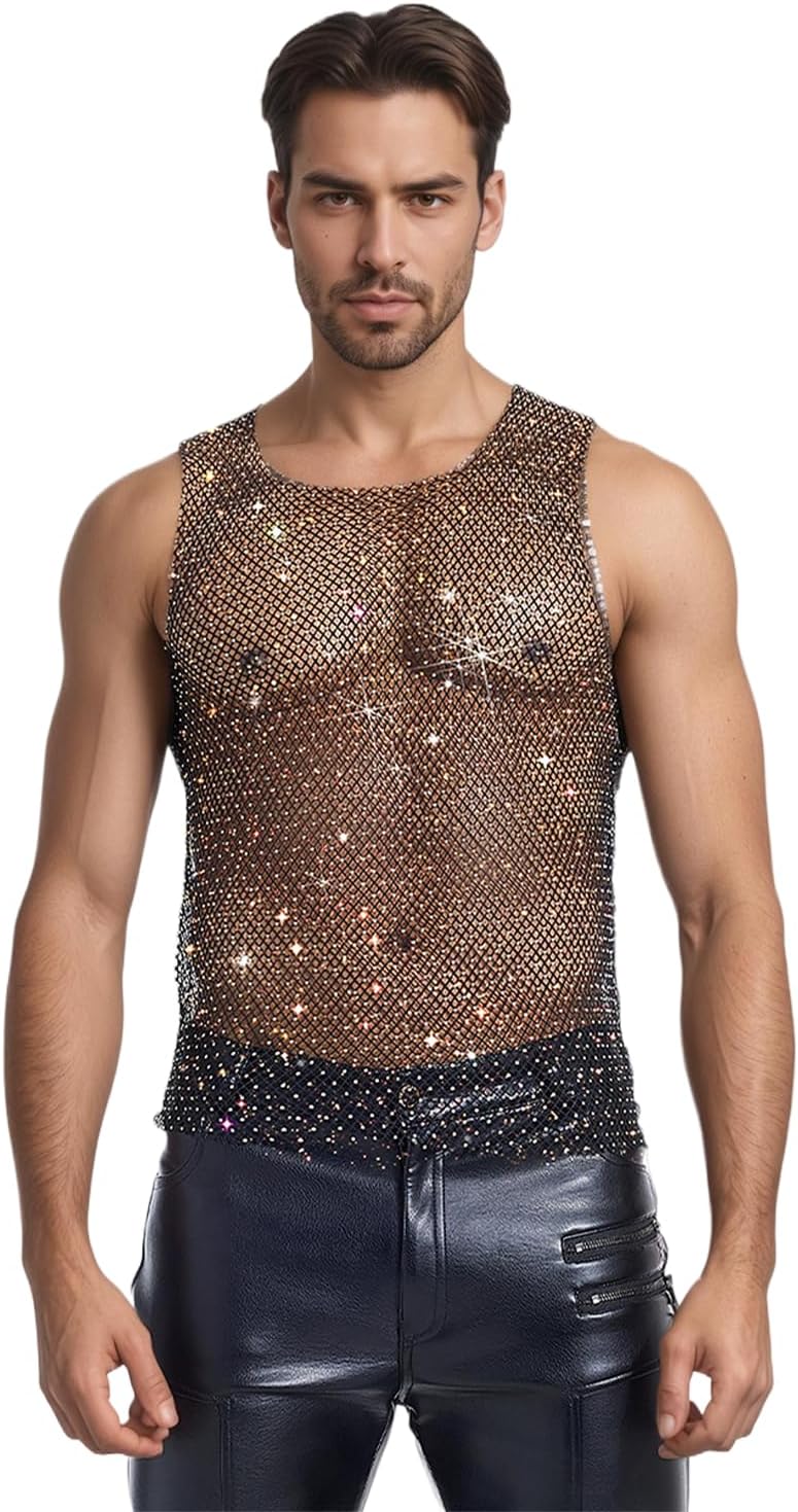 Men's Rhinestone Mesh Top Fishnet Tank Top Sexy Sleeveless Cropped Shirt Rave Outfit Sheer Nightclub Party Vest - Image 3