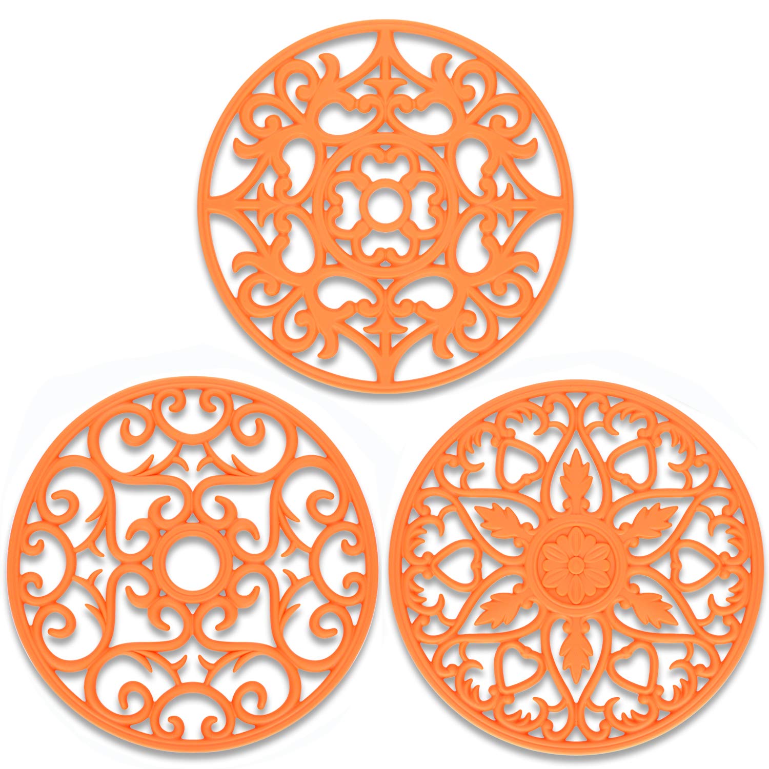 ME.FAN Trivets for Dishes/Pots/Pans, 3 Pcs Silicone Mats, Flexible/Durable/Non Slip Hot Pads to Protect Table and Counter Top (Orange)