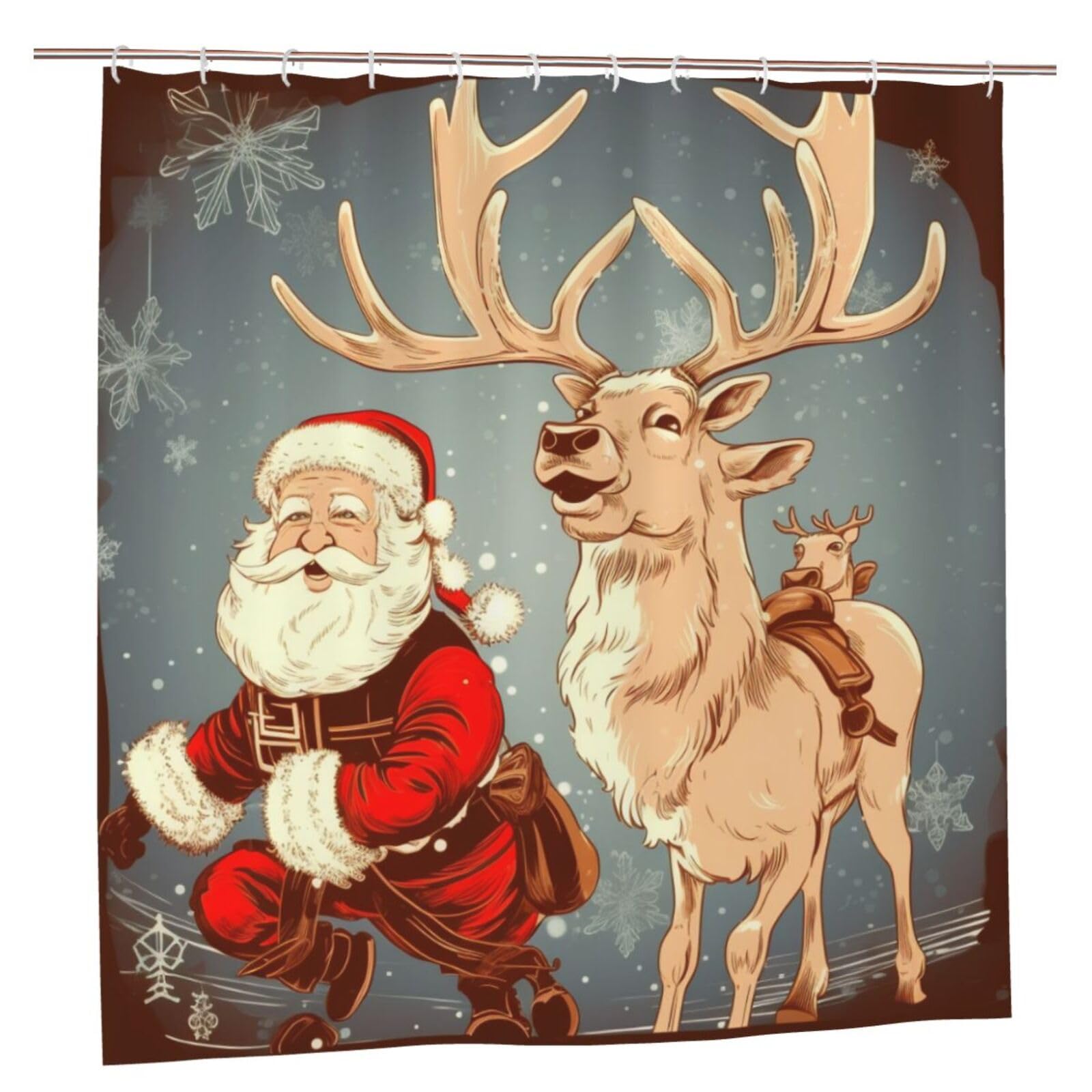 BWWHCCTI Santa Claus and Deer Elk Printed Shower Curtain With 12 Plastic Hooks Opaque Quick Drying Waterproof Shower Curtains Sets For Bathroom 183x183 CM