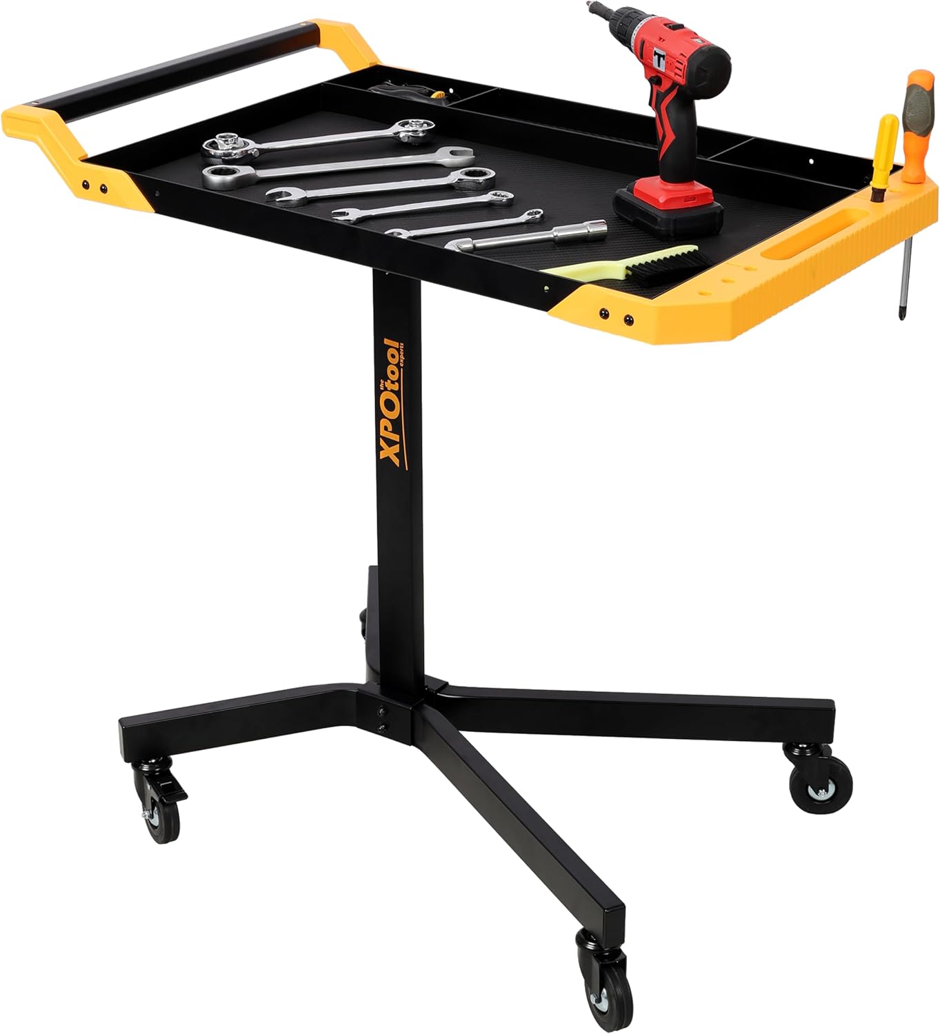 Mobile Work Table with Tool Tray, 34-48" Adjustable Height, 125 lb Capacity, Steel Frame with Casters, Black and Yellow