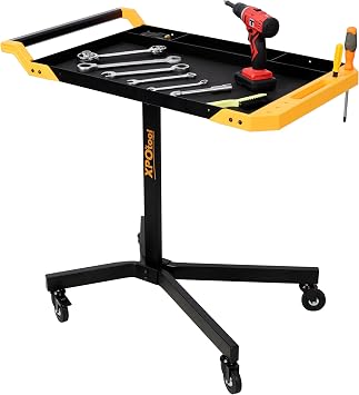 Adjustable Work Table with Wheels, Heavy-Duty Steel Rolling Tool Cart, Height Adjustable Large Mobile Workstation for Garage Workshop DIY Projects Up to 125LB