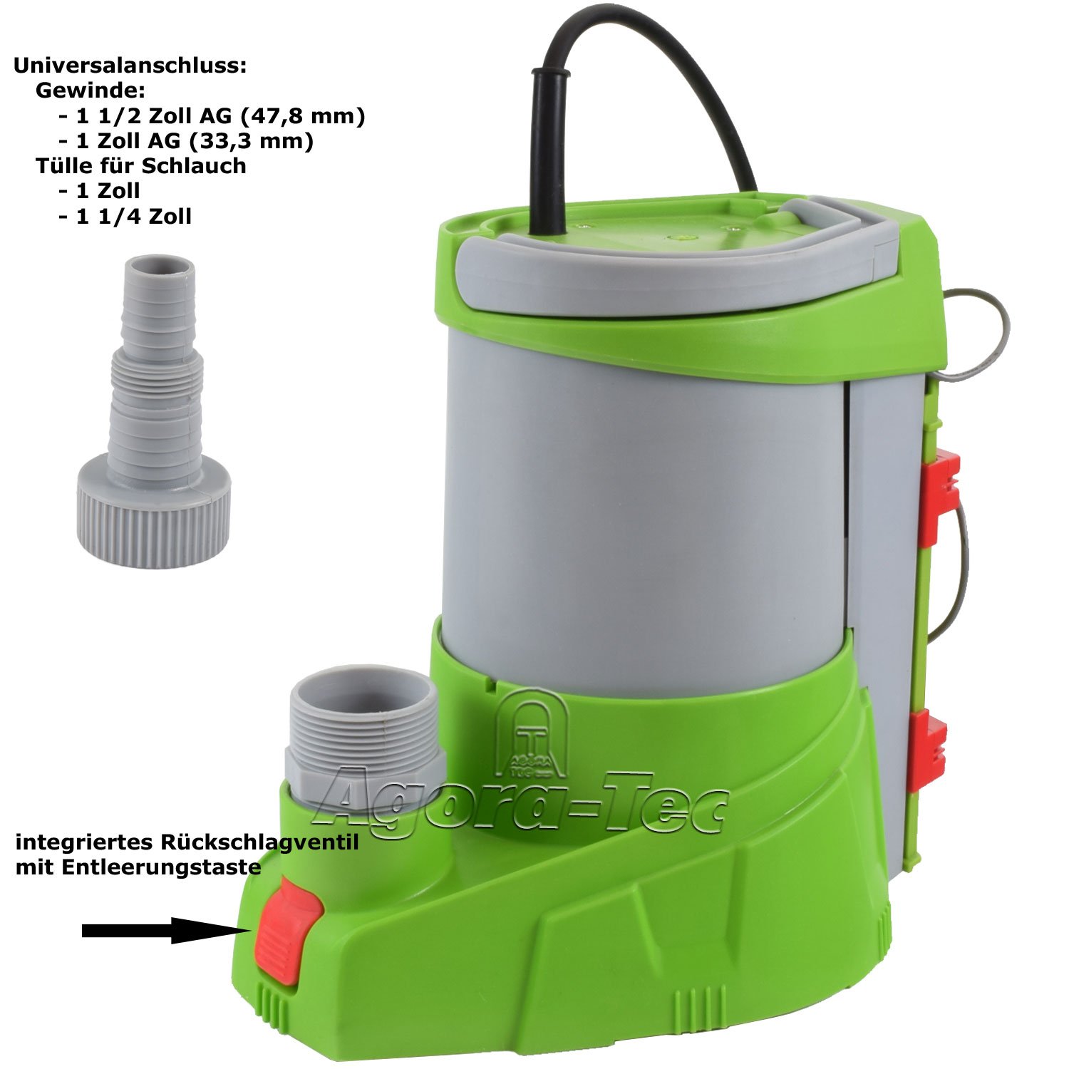 Agora-Tec Bomba sumergible AT, agua transparente, 250 W, vario-control (succión plana a 1 mm), interruptor de flotador integrado ajustable con válvula antirretorno y máx. 0,4 bar y máx. 3000 l/h
