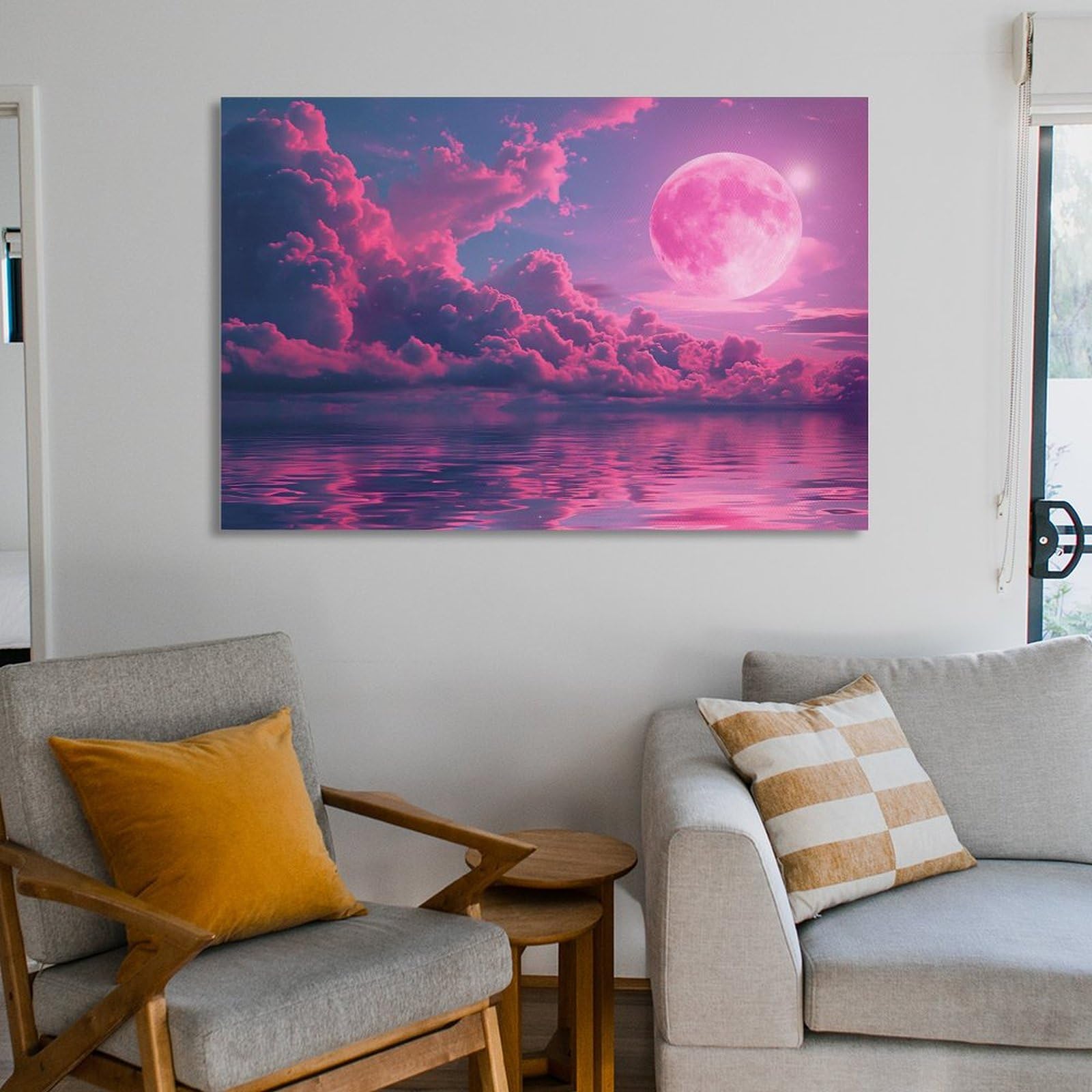 Amazon.co.jp: 絵画 ピンクの霧の月インテリア 絵画 魅力的な色の空
