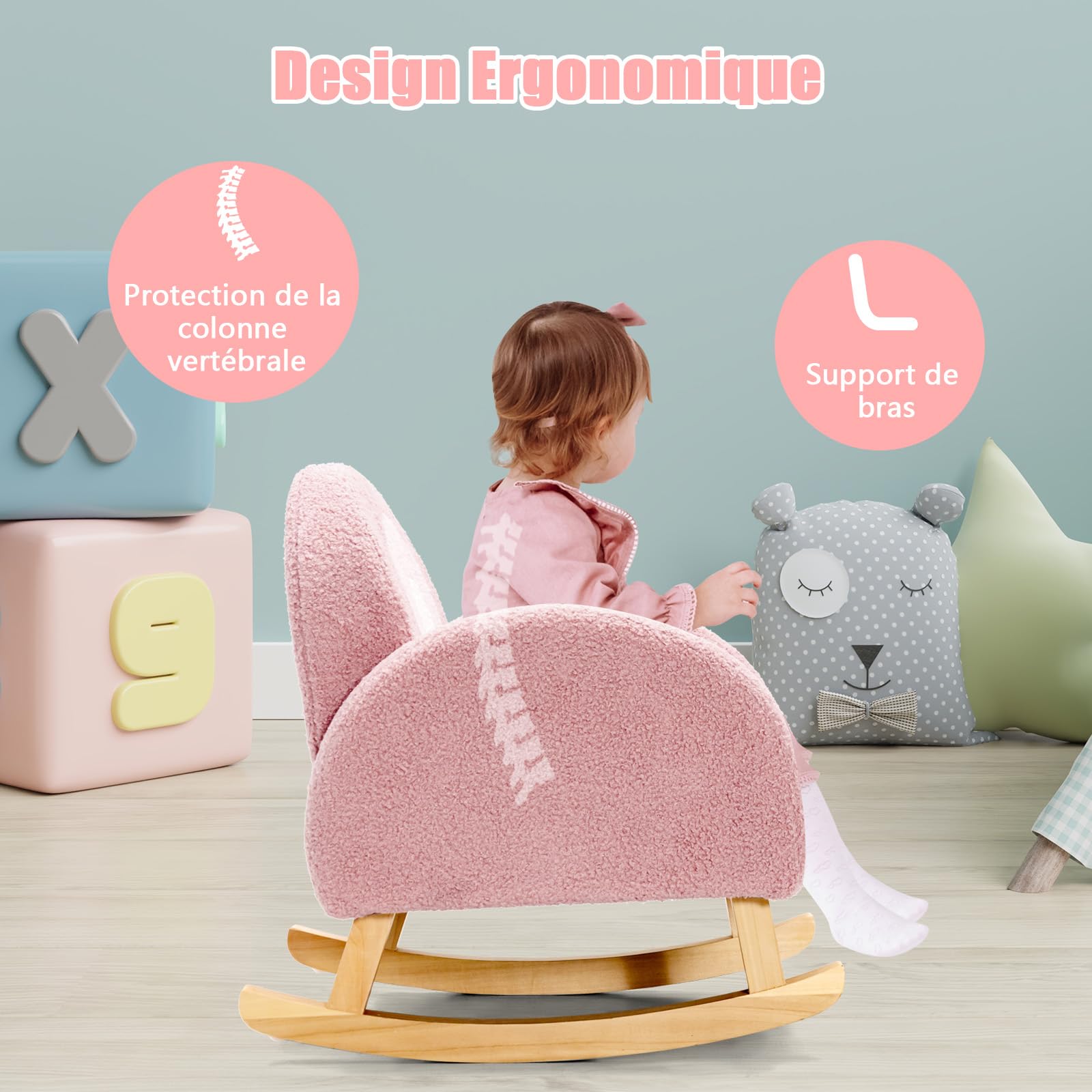 COSTWAY Fauteuil à Bascule Enfant en Peluche avec Dossier & Accoudoirs Confortable, Chaise à Bascule en Bois avec Joli Motif Arc-en-Ciel, Charge 50kg pour Garçon Fille de 3-5 Ans
