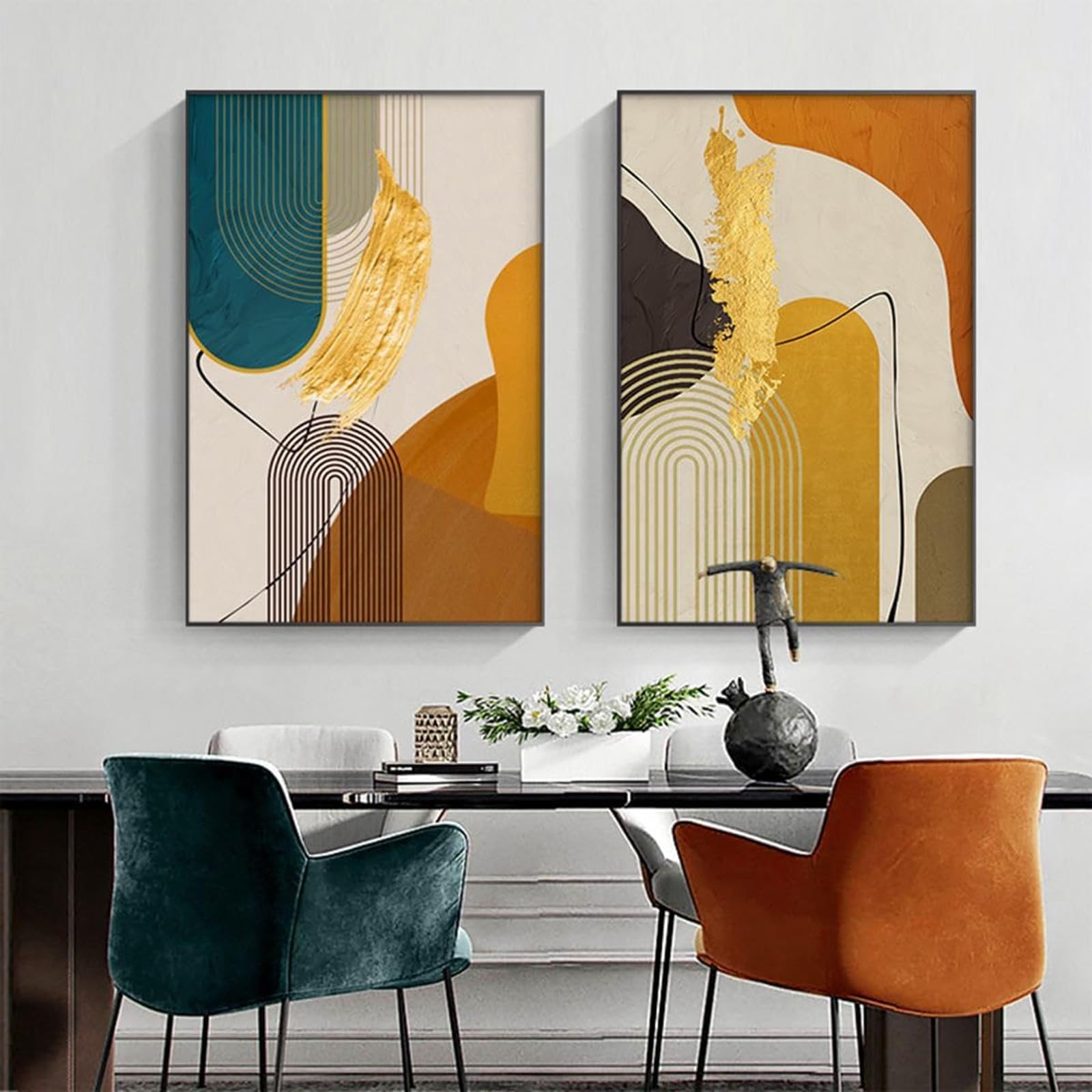 Tableaux Decoratifs Muraux Abstraites Ligne Géométrique Orange Jaune Impression sur Toile Affiche Tableau Decoration Murale Salon,pour Salon et Chambre à Coucher Deco Maison (Sans Cadre,3X60X80CM)