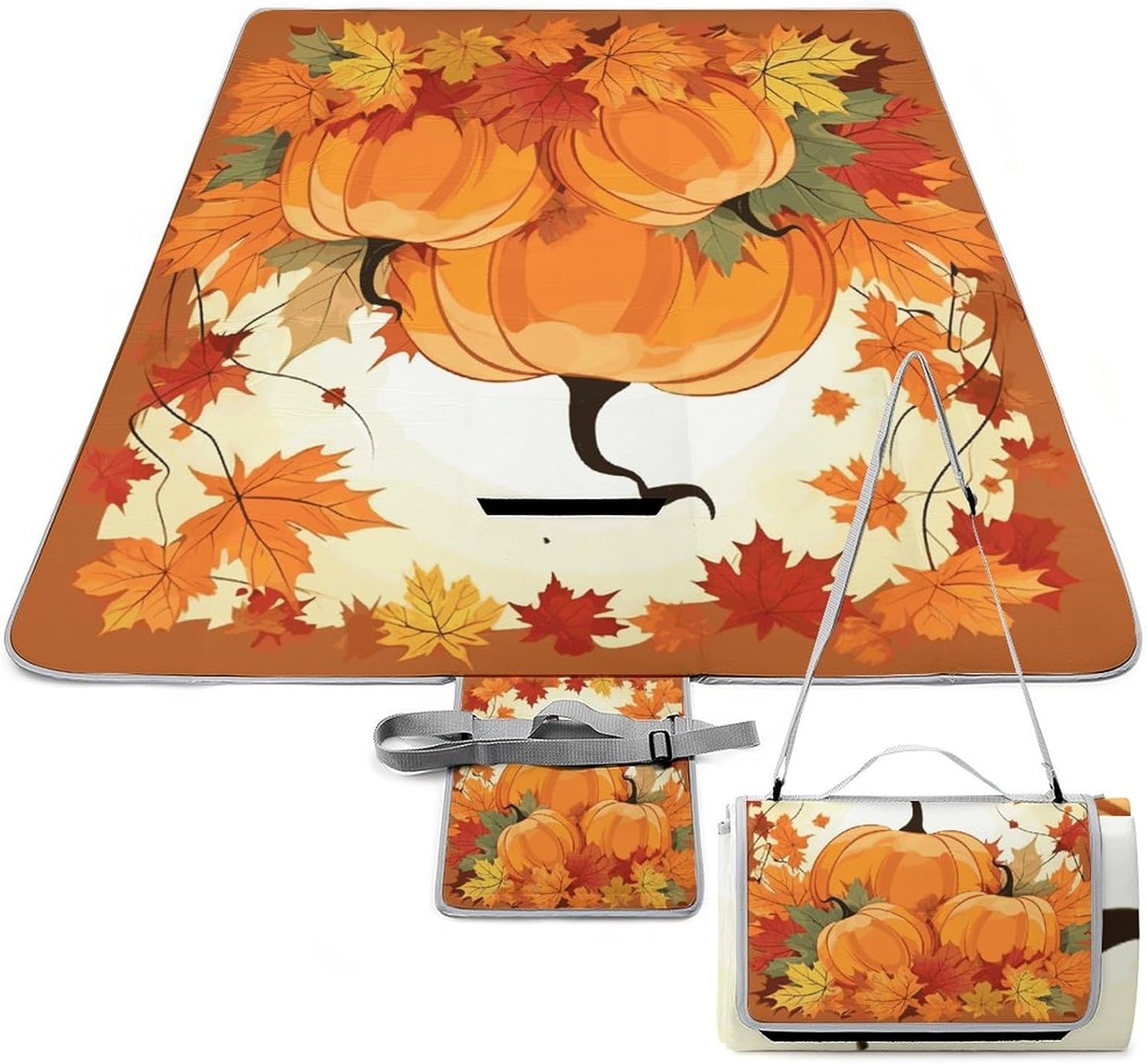 Autumn Pumpkin Maple Leaves Waterproof Picnic Blanket 58.3''x58.3'',Portable and Foldable Picnic Mat with Handle,Outdoor Blankets for Lawn Park Beach Travel