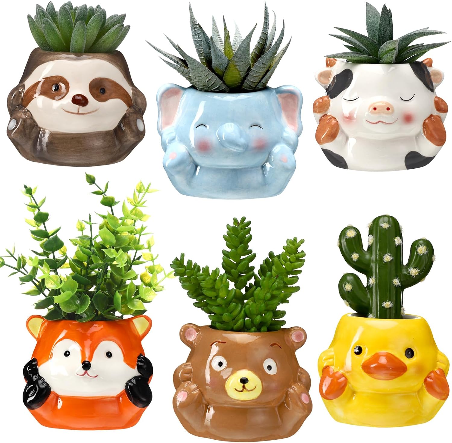 6 Pcs 3 Inch Cute Animal Succulent Pot Small Animal Ceramic Planter with Drainage Hole Office Desk Cartoon Ceramic Succulent Planters Garden Pots for Mini Plant Cactus Flower Women Gift Home Decor
