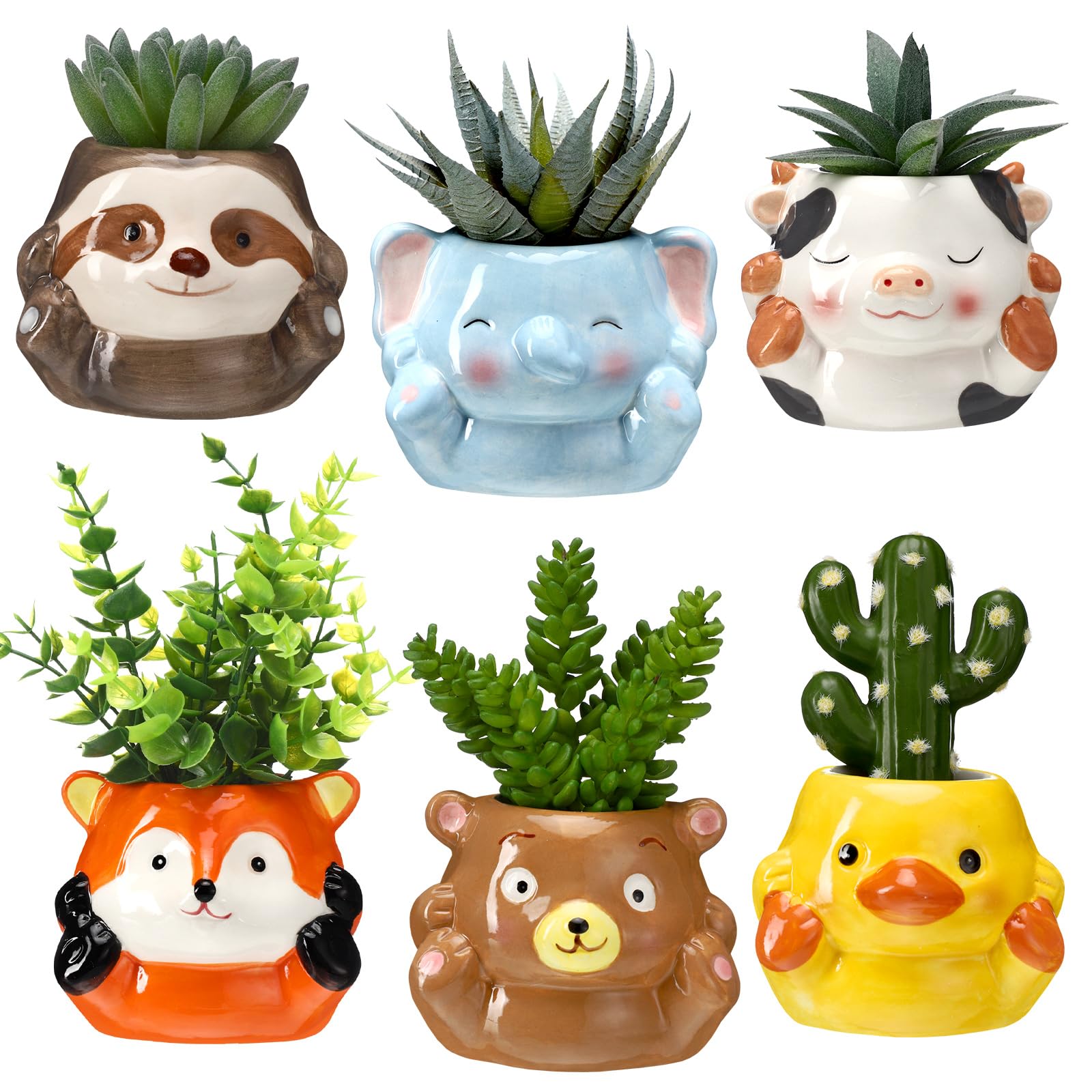 Photo 1 of 6 Pcs 3 Inch Cute Animal Succulent Pot Small Animal Ceramic Planter with Drainage Hole Office Desk Cartoon Ceramic Succulent Planters Garden Pots for Mini Plant Cactus Flower Women Gift Home Decor
