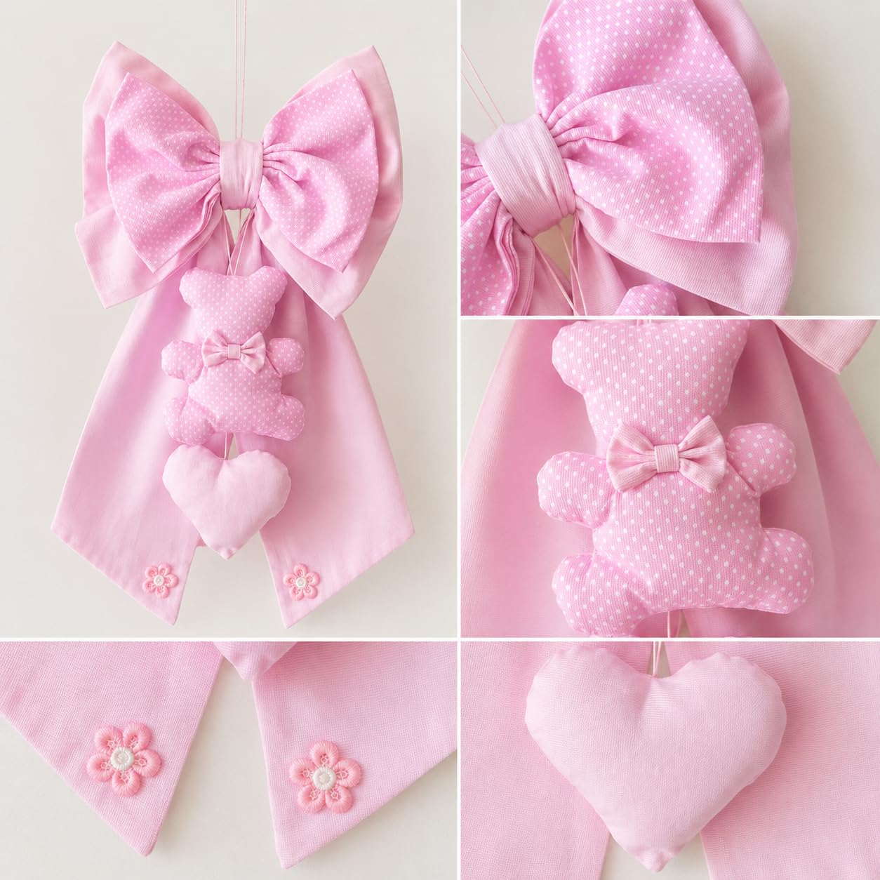 Fiocco Nascita in tessuto di Cotone, con Orsetto e Cuore, 30x50 cm, Decorazione Artigianale (Rosa)