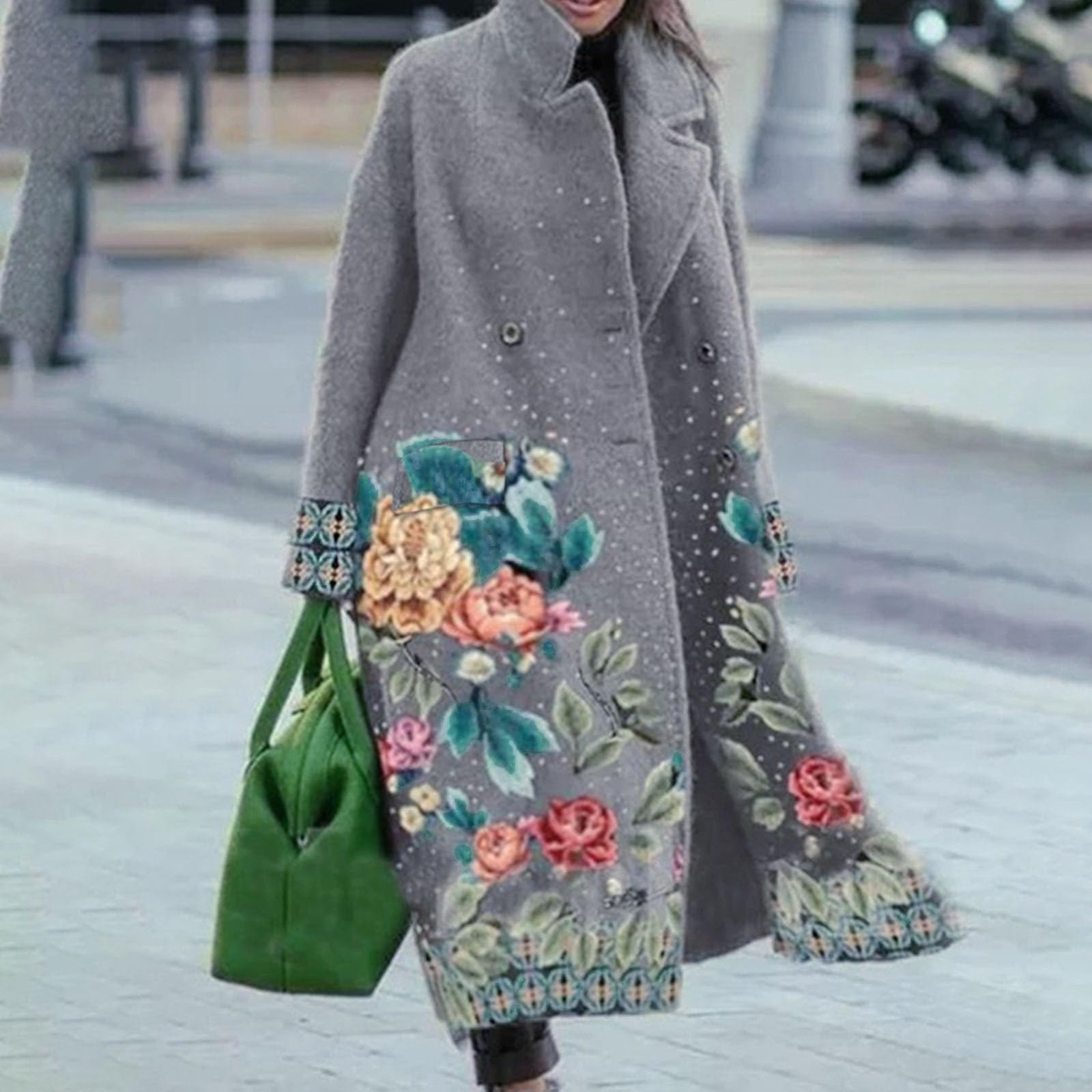 FUPODD Wintermantel Damen Elegant Lang Blumen Wollmantel Damen Winter Warm Mantel Lange Winterjacke Revers Zweireihig Trenchcoat Wolle Damenmantel Mit Taschen Tweed Mäntel Frauen Blumenmuster Coat