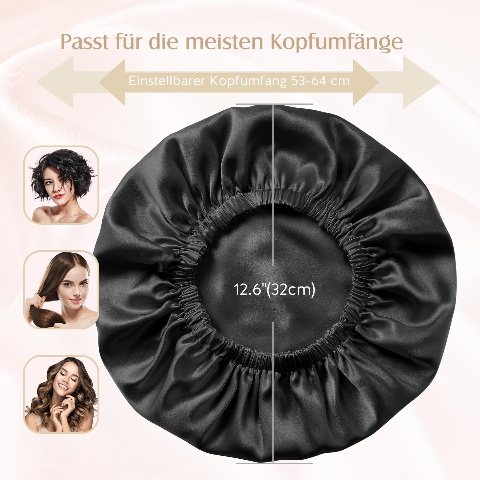 Umisleep Cuffia da Notte in Seta 22 Momme - 100% Gelso - Doppia per Capelli Ricci - Traspirante e Regolabile - Chiusura Elastica (Nero)